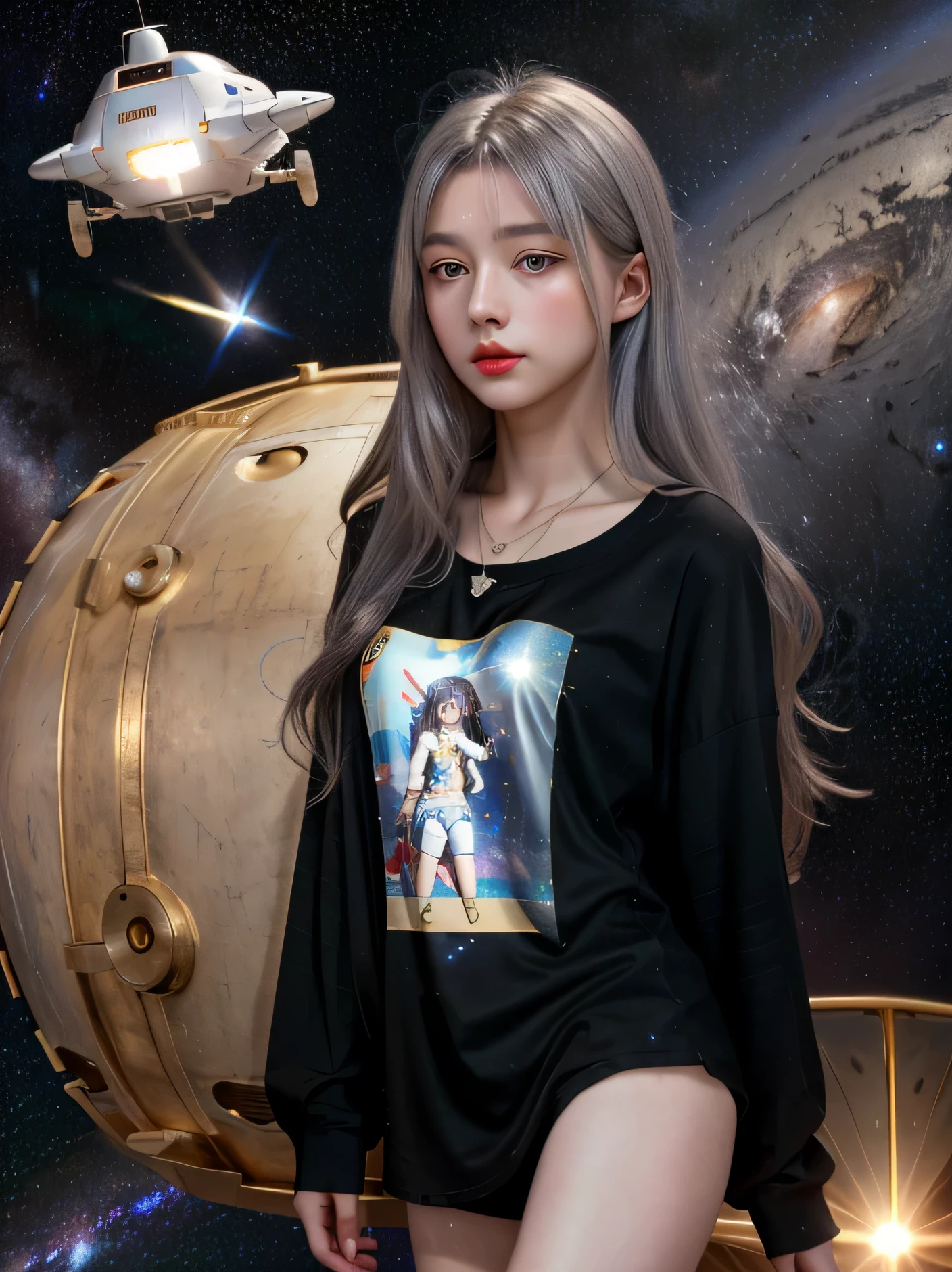 （8ｋ、realistic、Like a photograph）、sleepy cute french girl、silver hair、long hair、black t-shirt、Golden Necklace、future world、spaceship、milky way、night、thin legs、spacewalk,thick red lips