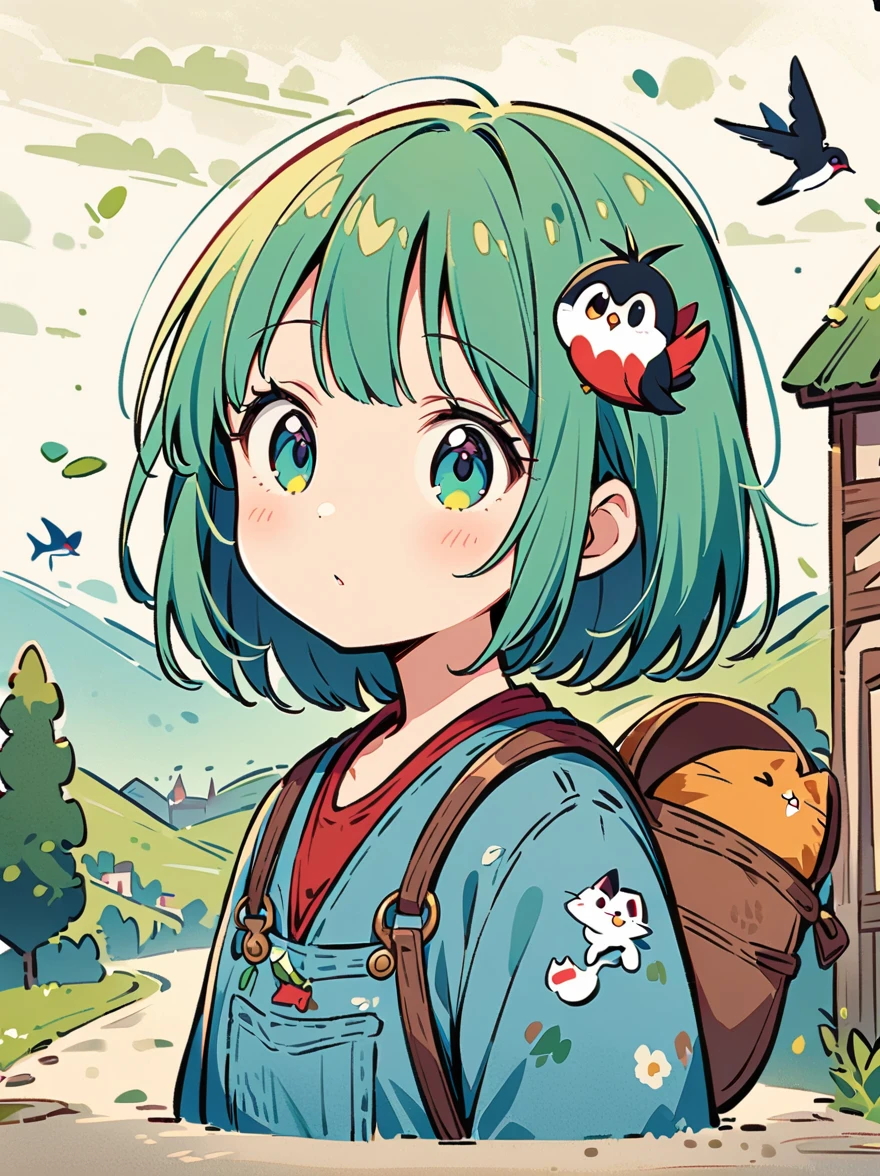 (The girl's head is decorated with whimsical illustrations of houses, swallows), trees and hills in green tones, evoking the charm of a charming rural landscape. The background blends in with her hair, exuding an air of tranquility and creating a harmonious composition that captures the beauty of nature. The illustration symbolizes the harmony between humans and the environment, focusing on the face. ((White background))