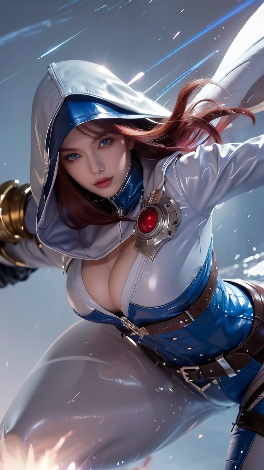 (a woman:1.1),storm,leather hoodie,white leather outfit,blue outfit,beautiful detailed eyes,beautiful detailed lips,extremely detailed eyes and face,red maroon hair,violet eyes,artgerm detailed,extremely detailed artgerm,style artgerm,as seen on artgerm, evil smile