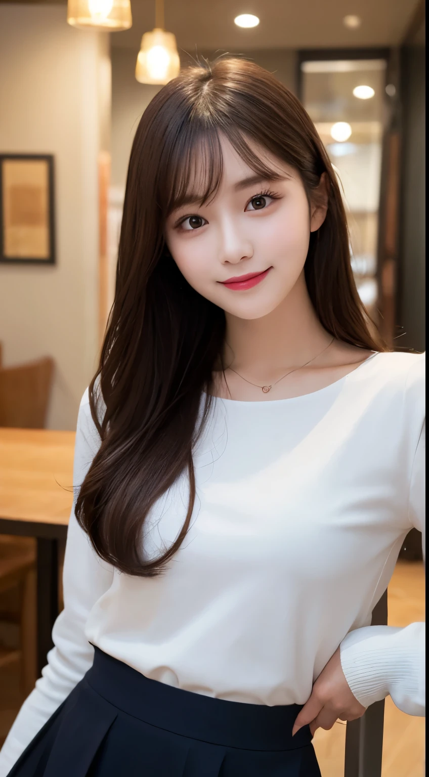 table top, highest quality, shape, Super detailed, finely, High resolution, 8k wallpaper, 完璧なダイナミックな構shape, finelyて美しい目, long hair, small breasts, natural color lip, random sexy pose,smile,20 year old girl、Beautiful and dense face、perfect and beautiful face,Big eyes、blurred dart bar background、long sleeve blouse、flare skirt、small face、Slim your face and body、smile、Slim your face and body、cute face、cute