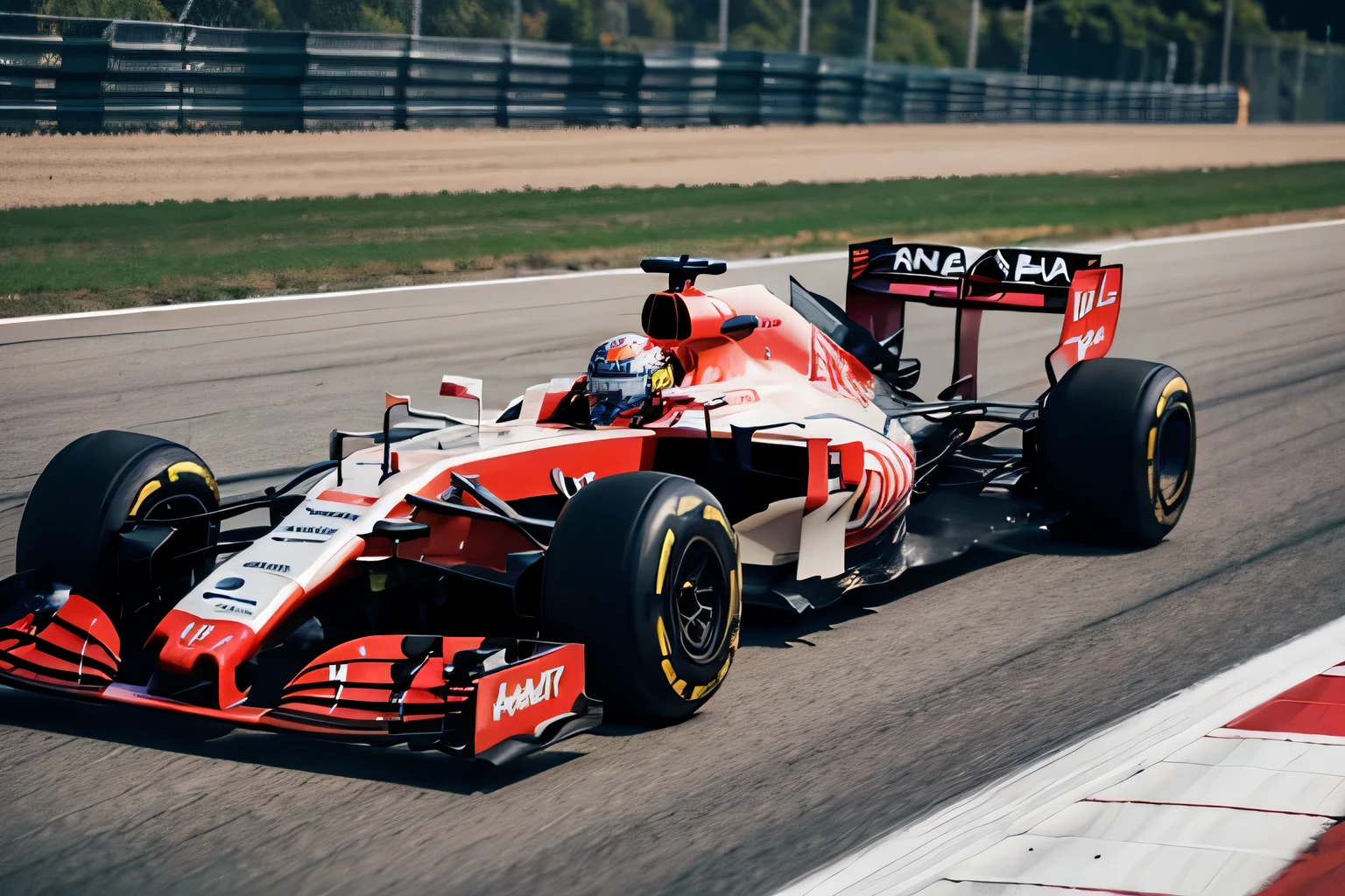 Formula Arafat racing car with red and white flags on the track, f 1/3, f 1/4, f 1, F11:6, F / 1, F11:10, Formula 1, formula one car, f1 racing car blurred in background, f 1 1, F11, f 2 0, Dynamic，Bright metallic color，best quality，masterpiece，（bright colors：1.2）
