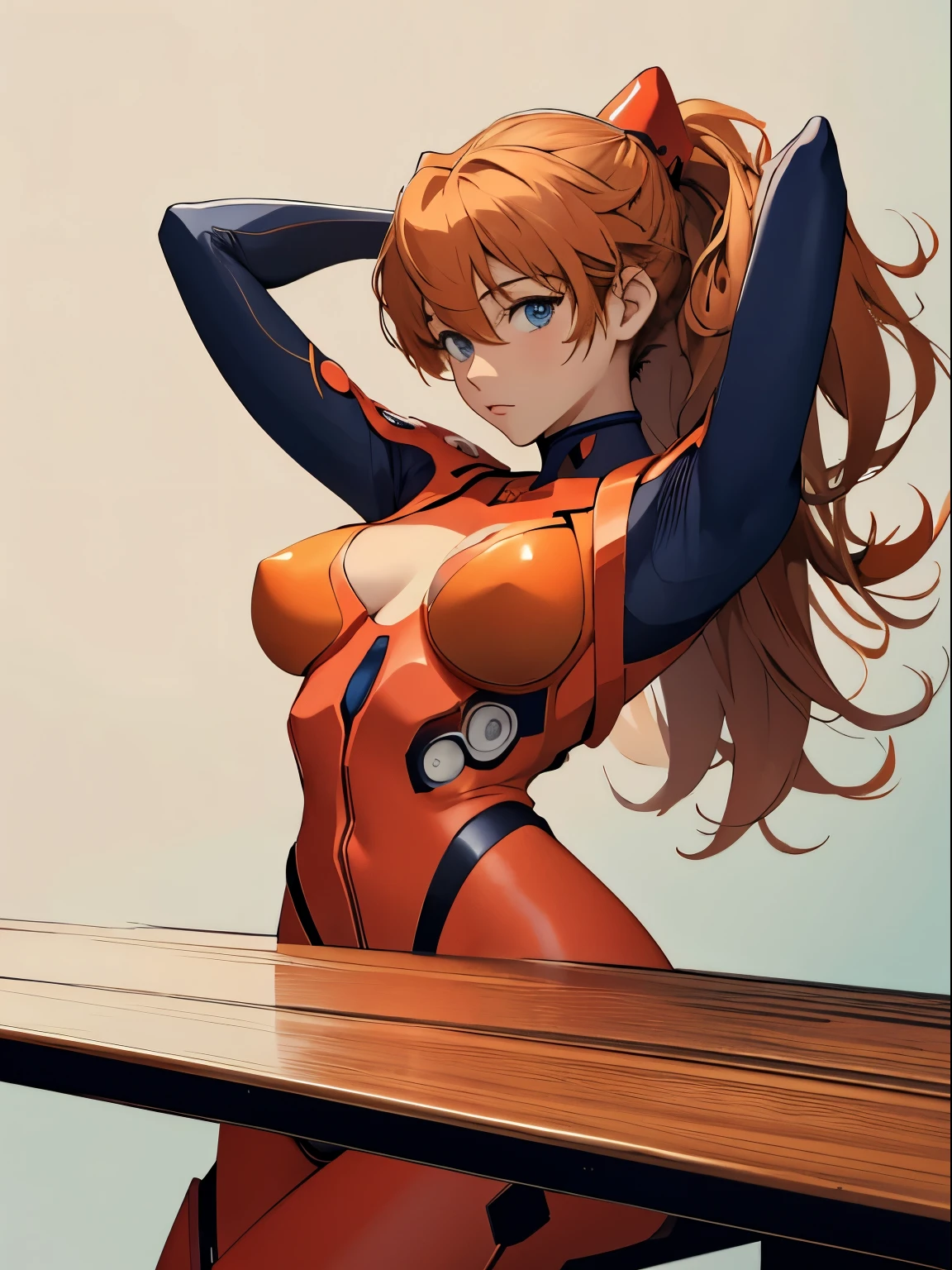 Soryu Asuka Langley, (table top, highest quality, become familiar with), 1 girl,sexy, huge breasts,  alone, arm behind head, cowboy shot, interface headset, red bodysuit, simple background.