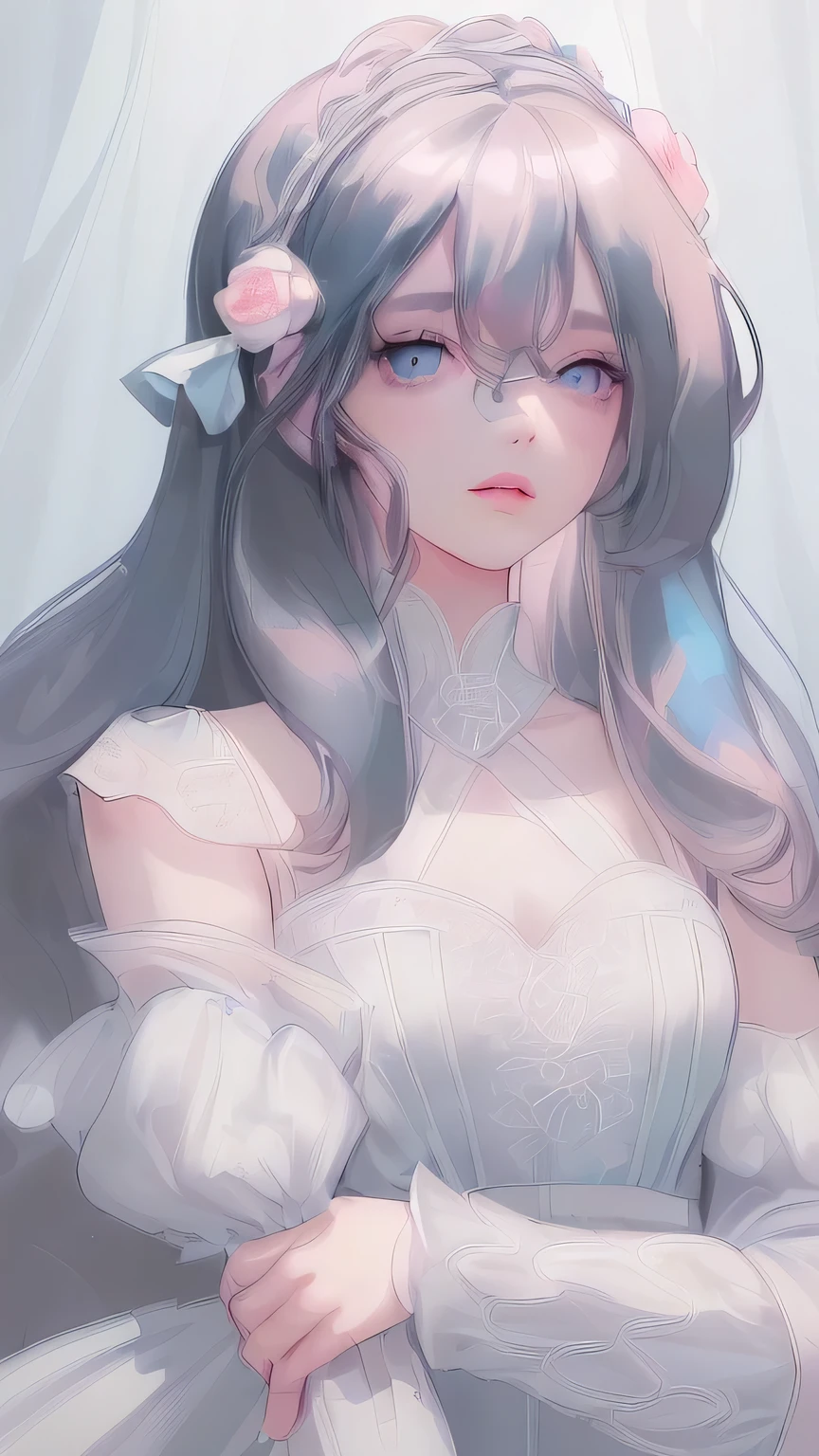 (masterpiece:1.2, best quality), beauty 1 female, medium length wavy hair, Black hair, pastel light blue colored eyes, pretty face, fair skin, soft gaze, natural pink lips, looking at the viewer, plain white dress. enjoying the atmosphere, perfect face, perfect lip, beautifull princess.