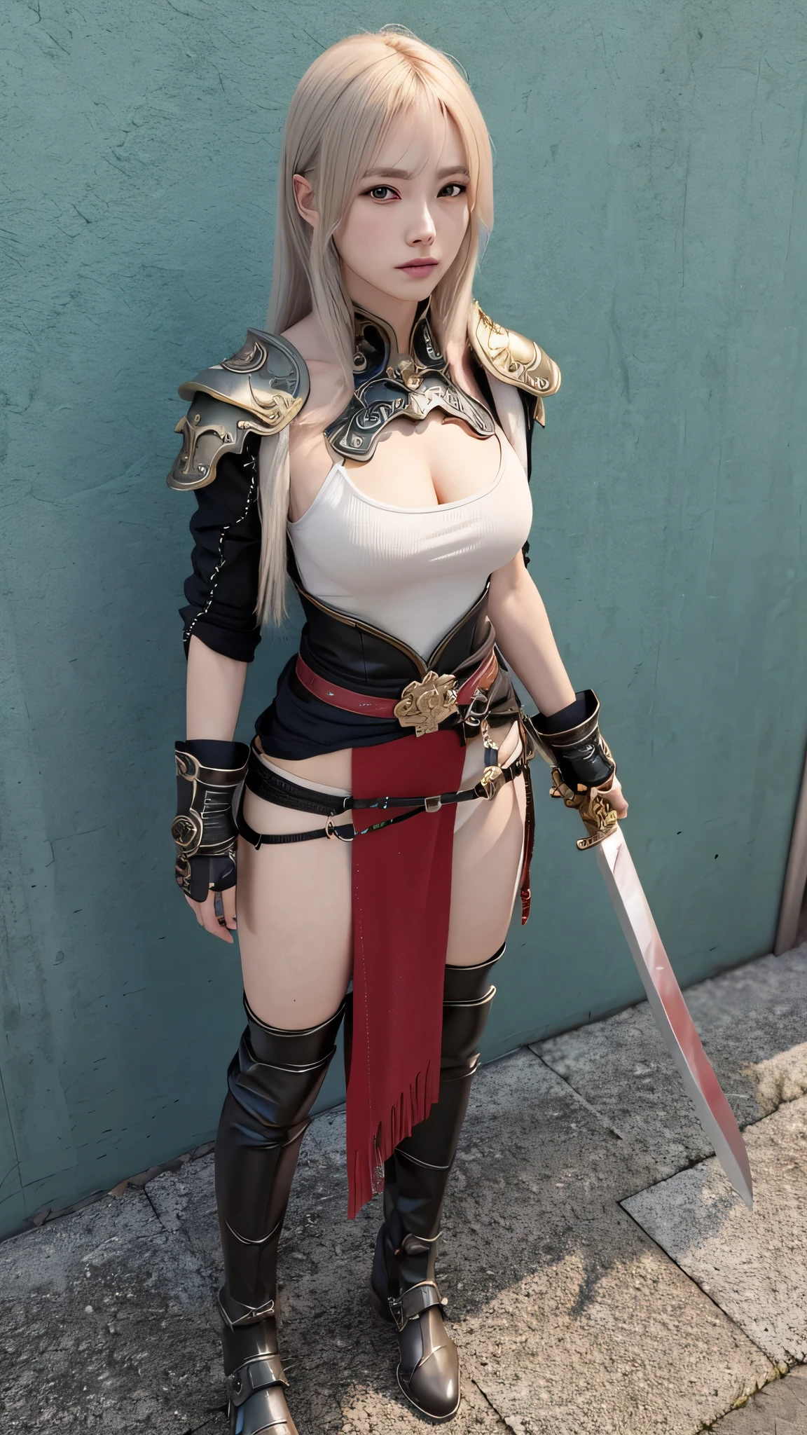 a woman kneeling down with a sword in her hand,very beautiful cyberpunk samurai,she is holding a katana sword,unsheathing her katana,she is holding a sword,ornate korean polearm behind her, realistic anime 3D style, cgsociety 9,2.5D cgi anime fantasy artwork, 3 d anime realistic.pose beautiful.redAssassin.Standing and sitting with his hands on his knees, Carry the sword on your shoulder.(Stand with your arms crossed over your chest, your back against the wall).hair white.
