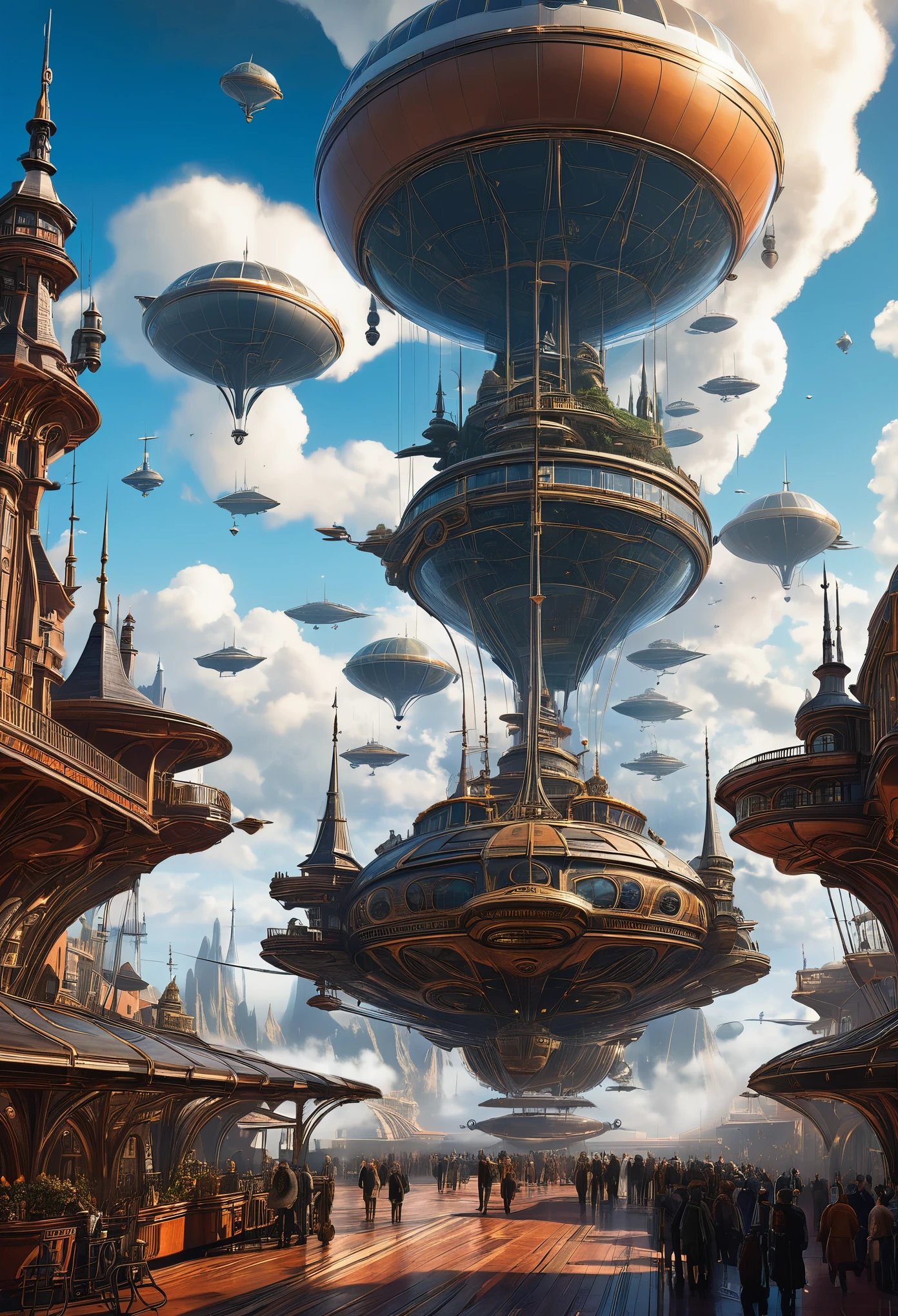 A bustling skyport where airships dock amidst towering clockwork spires, against a backdrop of swirling Mandelbrot clouds style of Jules Verne