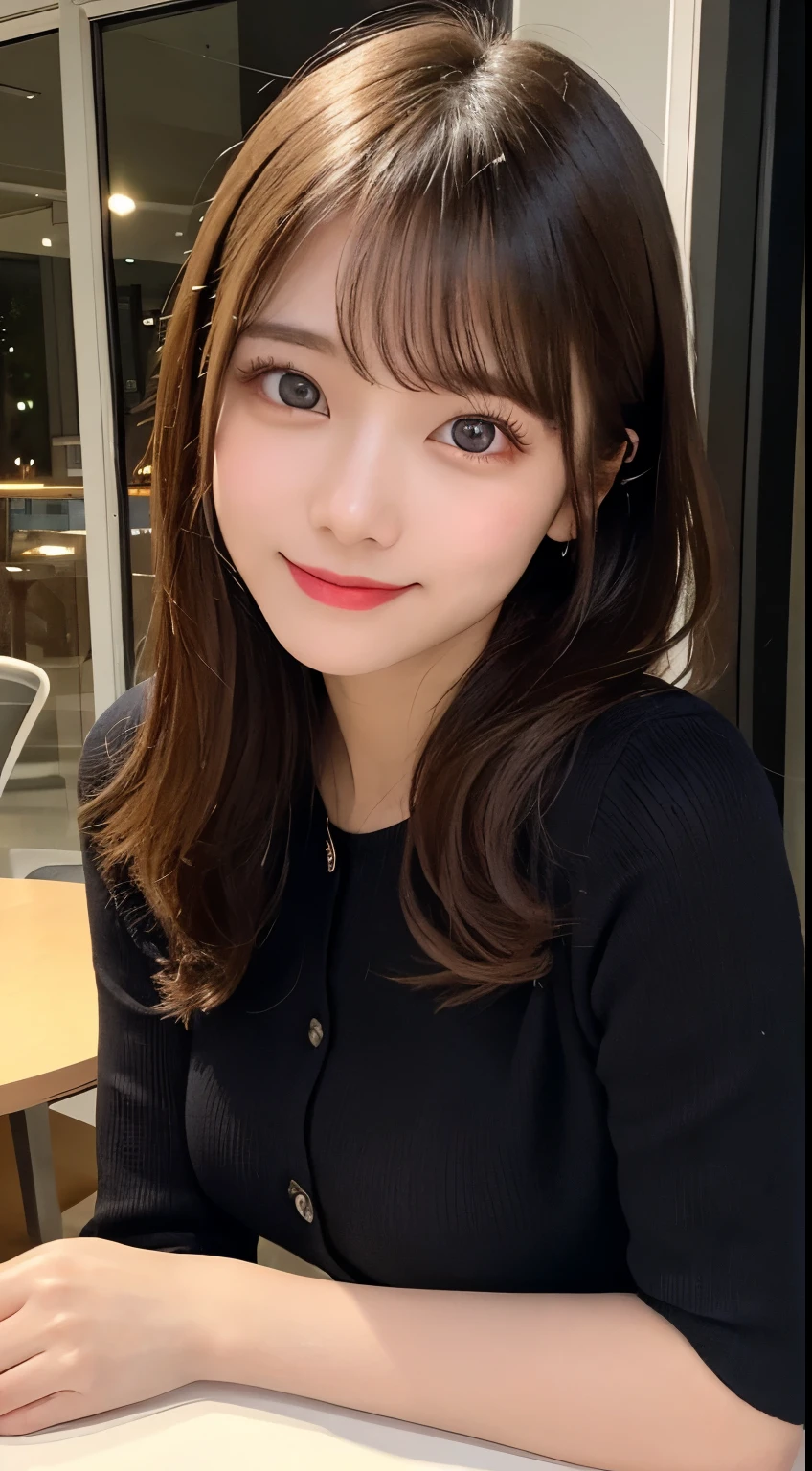 table top, highest quality, shape, Super detailed, finely, High resolution, 8k wallpaper, 完璧なダイナミックな構shape, beautiful and detailed eyes, small breasts, natural color lip, random sexy pose,smile,20 year old girl、midnight、Beautiful and dense face、perfect and beautiful face,Big eyes、Raw photo（best image quality）,long sleeve blouse、cardigan、flare skirt、luxury tower apartment、cute face、cute,night mode