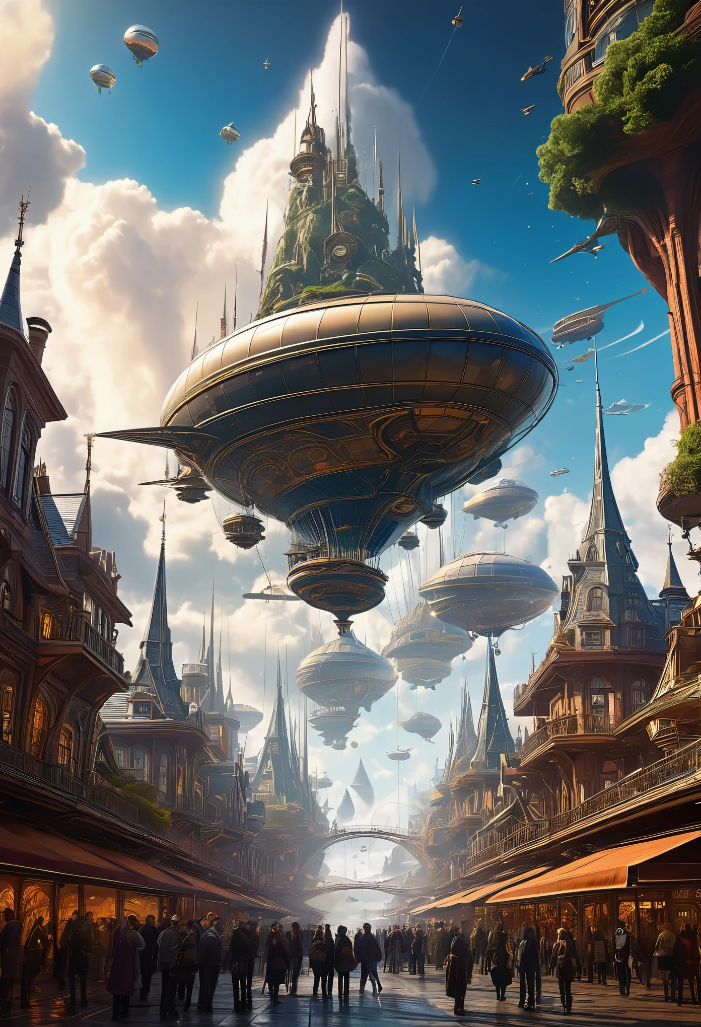 A bustling skyport where airships dock amidst towering clockwork spires, against a backdrop of swirling Mandelbrot clouds style of Jules Verne
