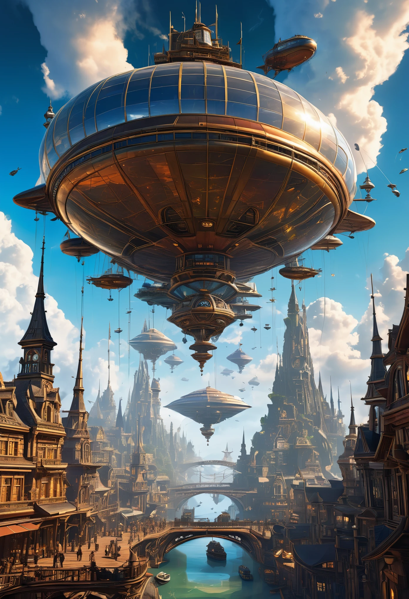 A bustling skyport where airships dock amidst towering clockwork spires, against a backdrop of swirling Mandelbrot clouds style of Jules Verne