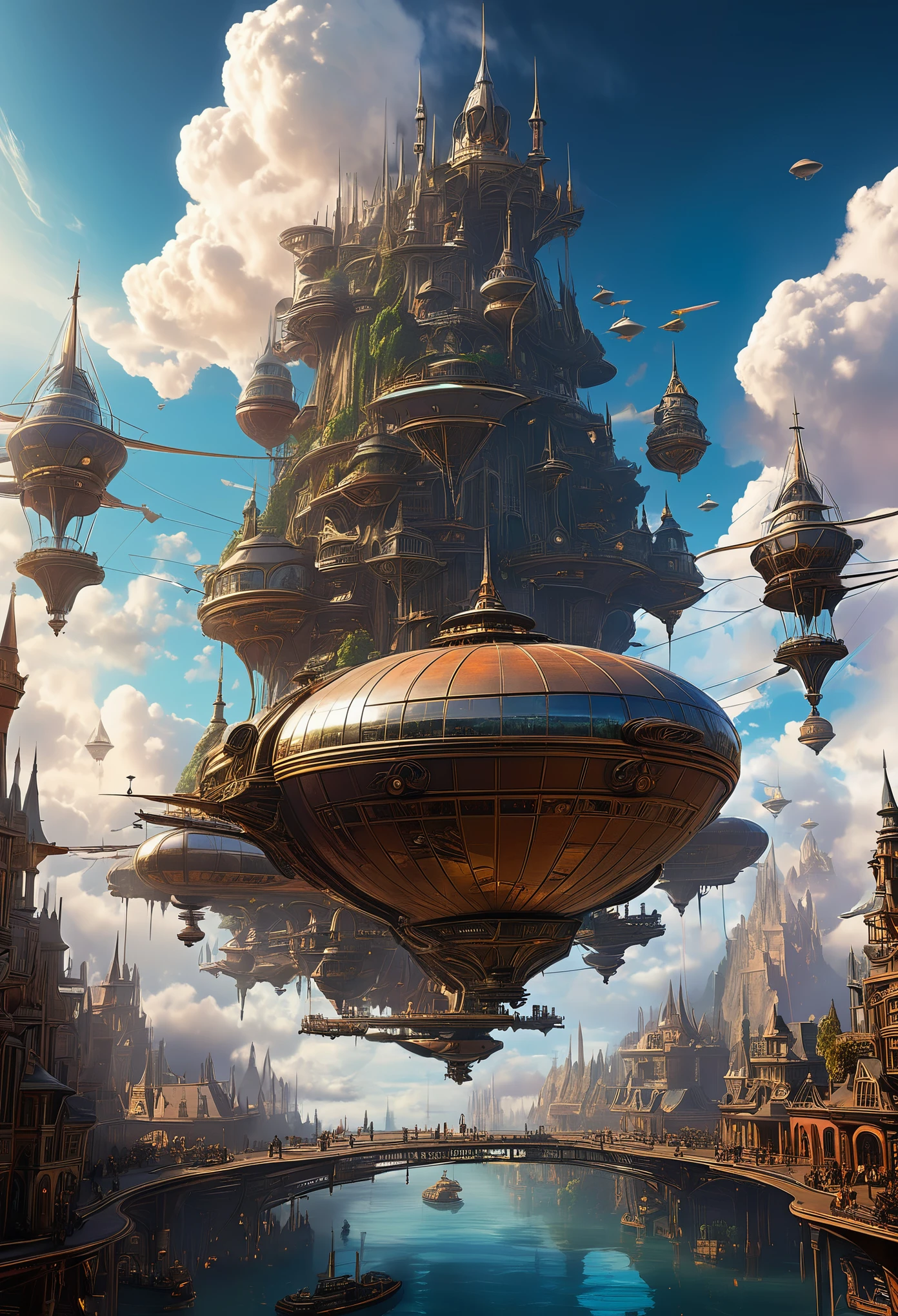 A bustling skyport where airships dock amidst towering clockwork spires, against a backdrop of swirling Mandelbrot clouds style of Jules Verne