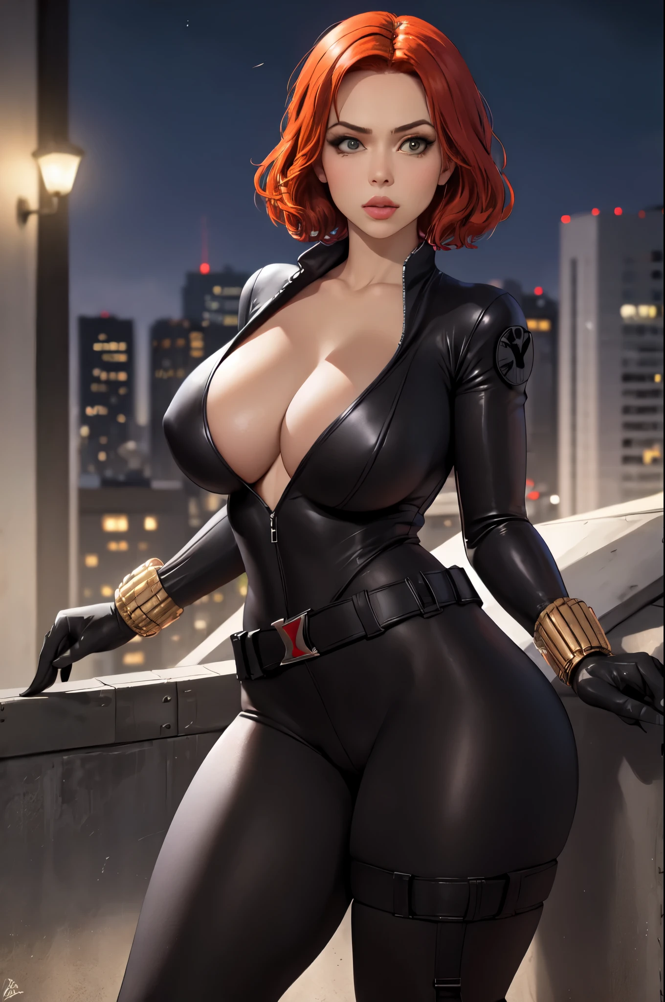 masterpiece, best quality,  blkwidow, black bodysuit, cleavage, black belt, black gloves, large breasts, bracelet, cityscape, looking at viewer, night, rooftop, contrapposto, thighs