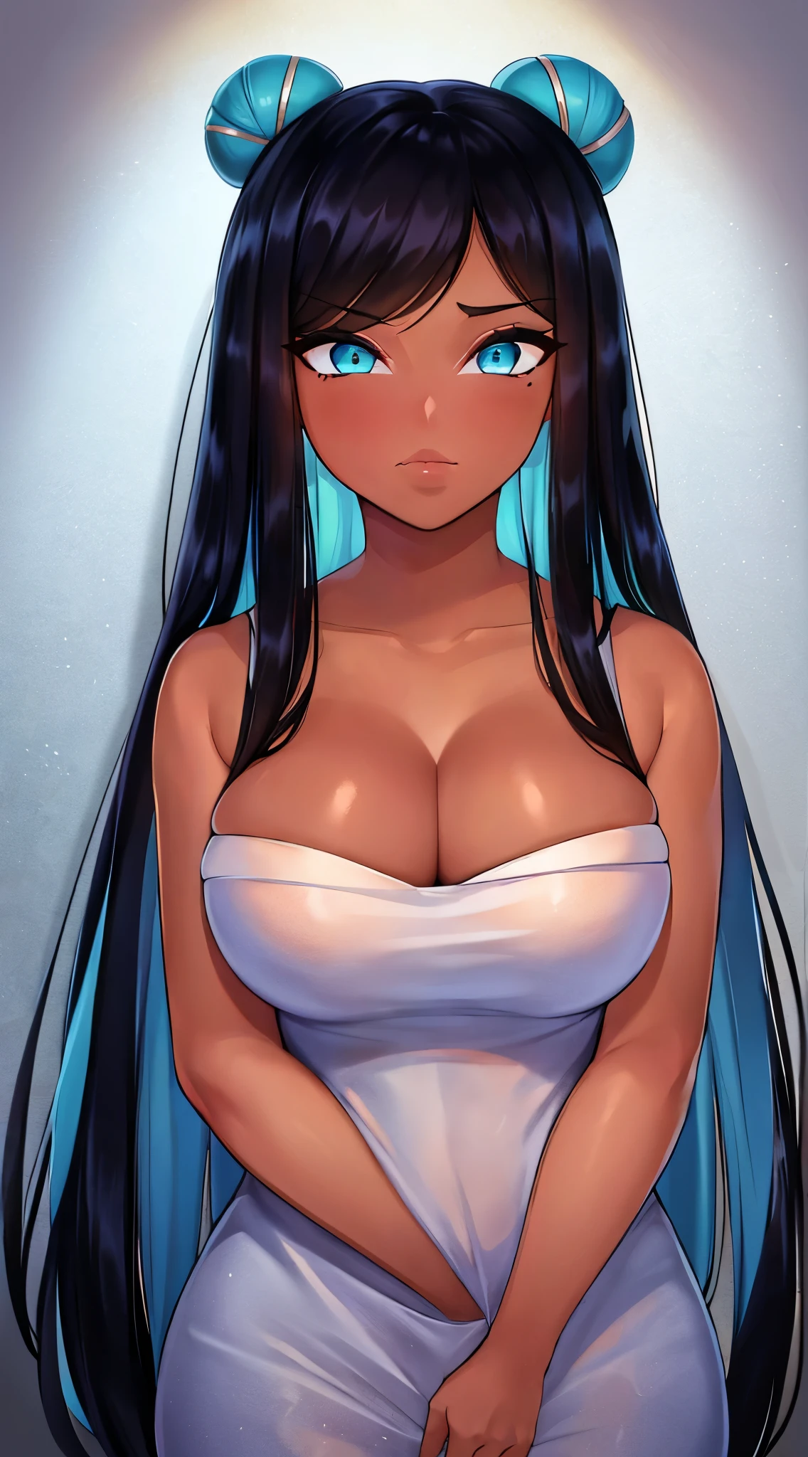 (8k, RAW photos, top quality, masterpiece: 1.2), (High Quality), ray tracing, HDR, (High Details), Cinnabus, Cinnabus Style, (big lips, luscious lips, beutiful lips, wide lips), stylized blush, masterpiece, best quality, high quality, highres, 4K, glossed lips, makeup, beautiful eyes, closed mouth, neutral expression, woman, detailed, cleavage, 1girl, solo, masterpiece, best quality, high quality, highres, 4K, pokemonnessa, aqua eyes, eyeshadow, dark skin, (dark-skinned female:1.5), hair bun, hair ornament, makeup, long hair, sidelocks, single hair bun, thick eyebrows, black hair, aqua hair, streaked hair,