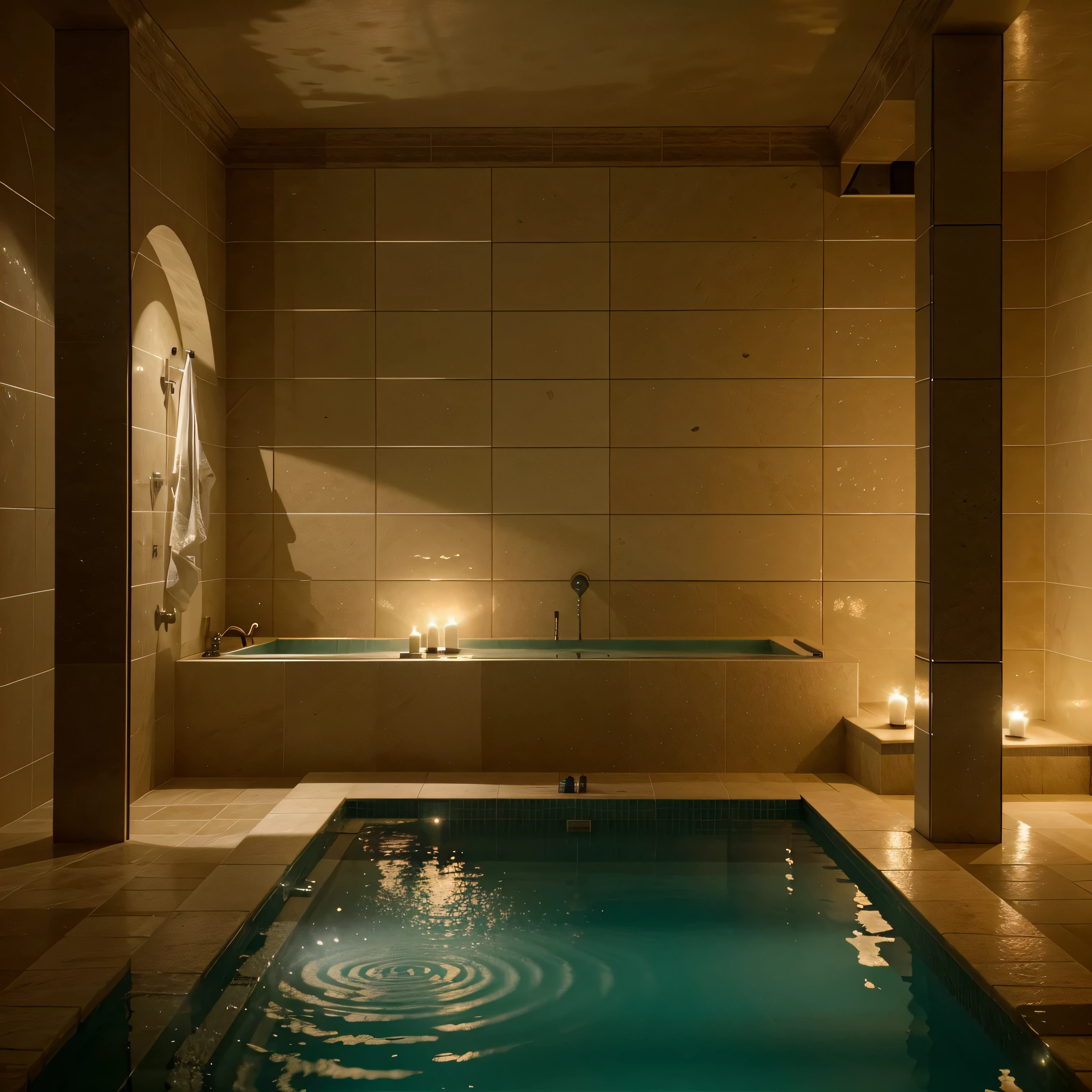 douche a l'italienne, spacieuse, pierre apparentes, spa, hammam, twilight, Ambiance chaleureuse, 3072 x 2048