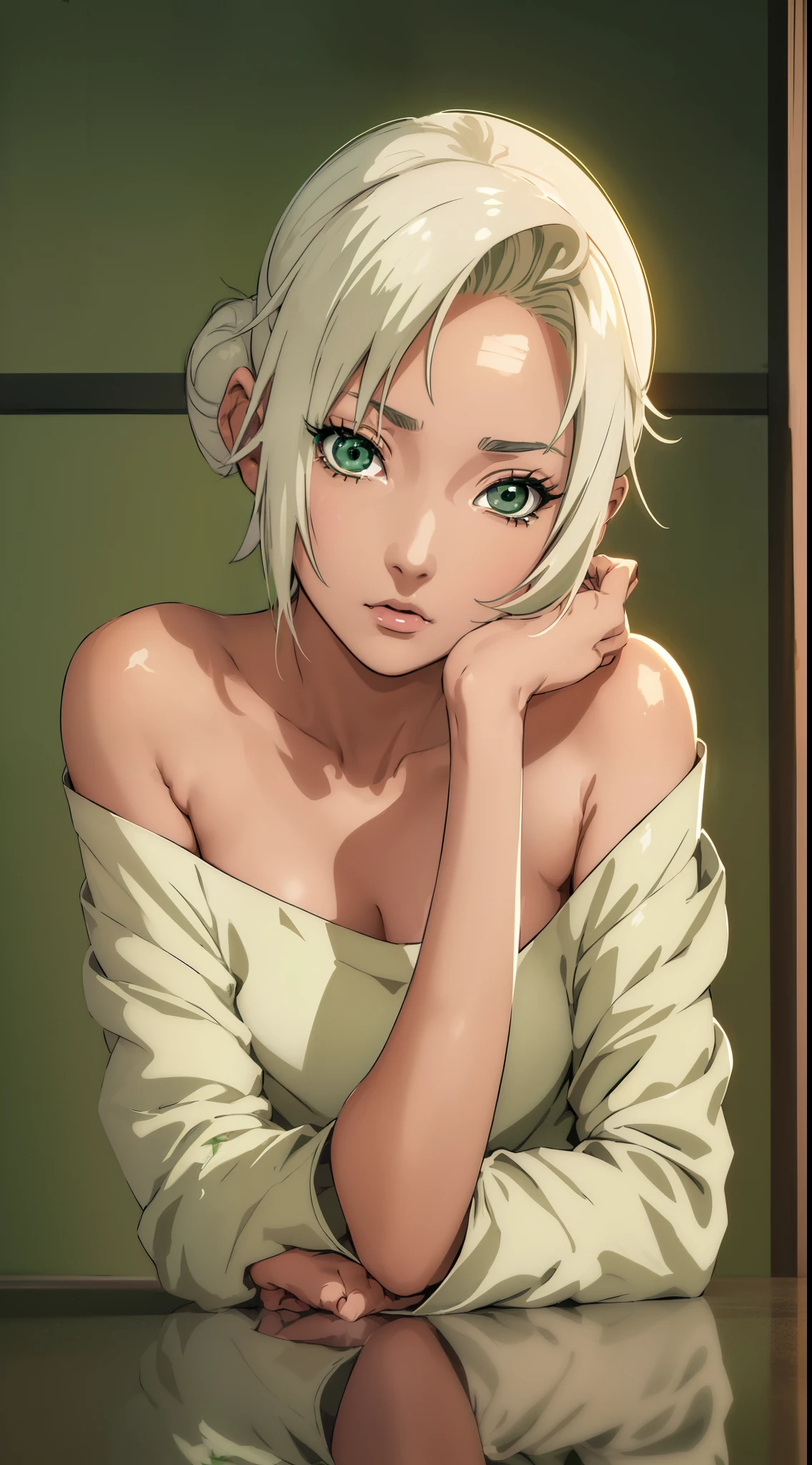 Mabui, Mabui, short detailed hair, (green-eyed:1.5), White hair, Dark skin, hair-bun, Dark-skinned women,Resting in off-shoulder outfit (tmasterpiece:1.2), Best quality at best, A high resolution, Unity8k wallpapers, (illustratio:0.8), (Beautiful and delicate eyes:1.6),