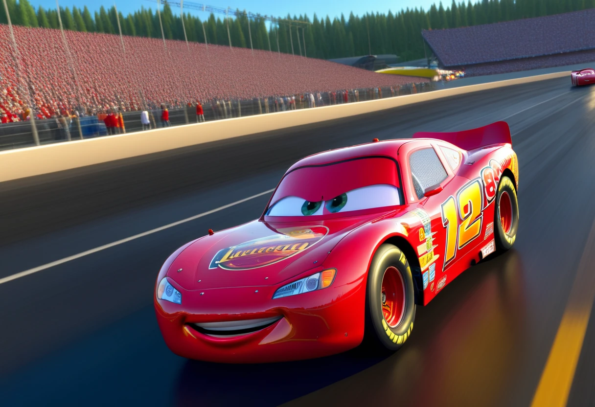 Racing car, Lightning McQueen,  cars2, real life, motion blur, fast, detailed, ((ultra realistic)), HDR< fantasy