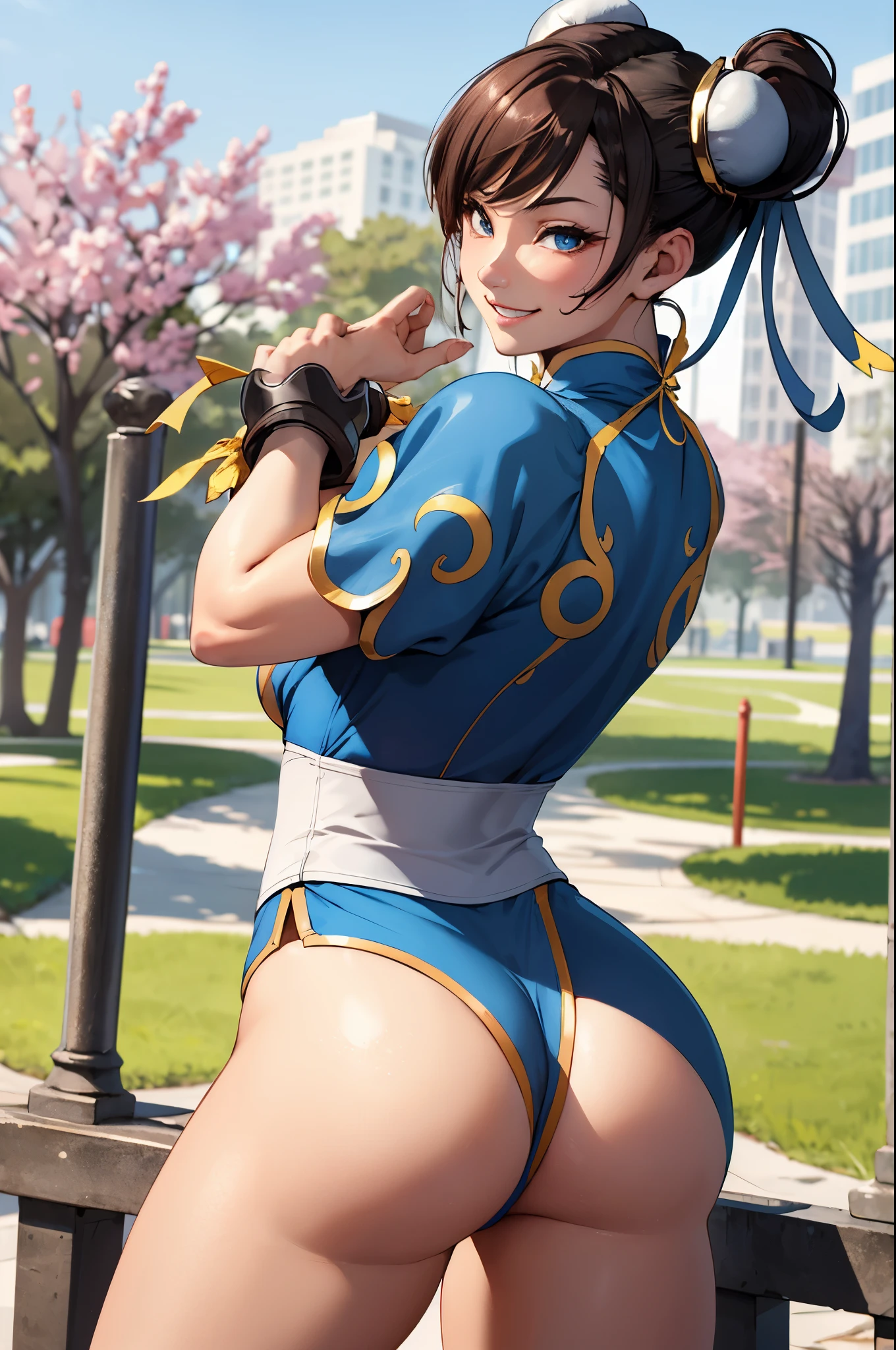 ((Chun li)), ((big ass)), Wearing pink outfit with gold details, in the park enjoying the view, blue eyes, smiling while showing off her ass