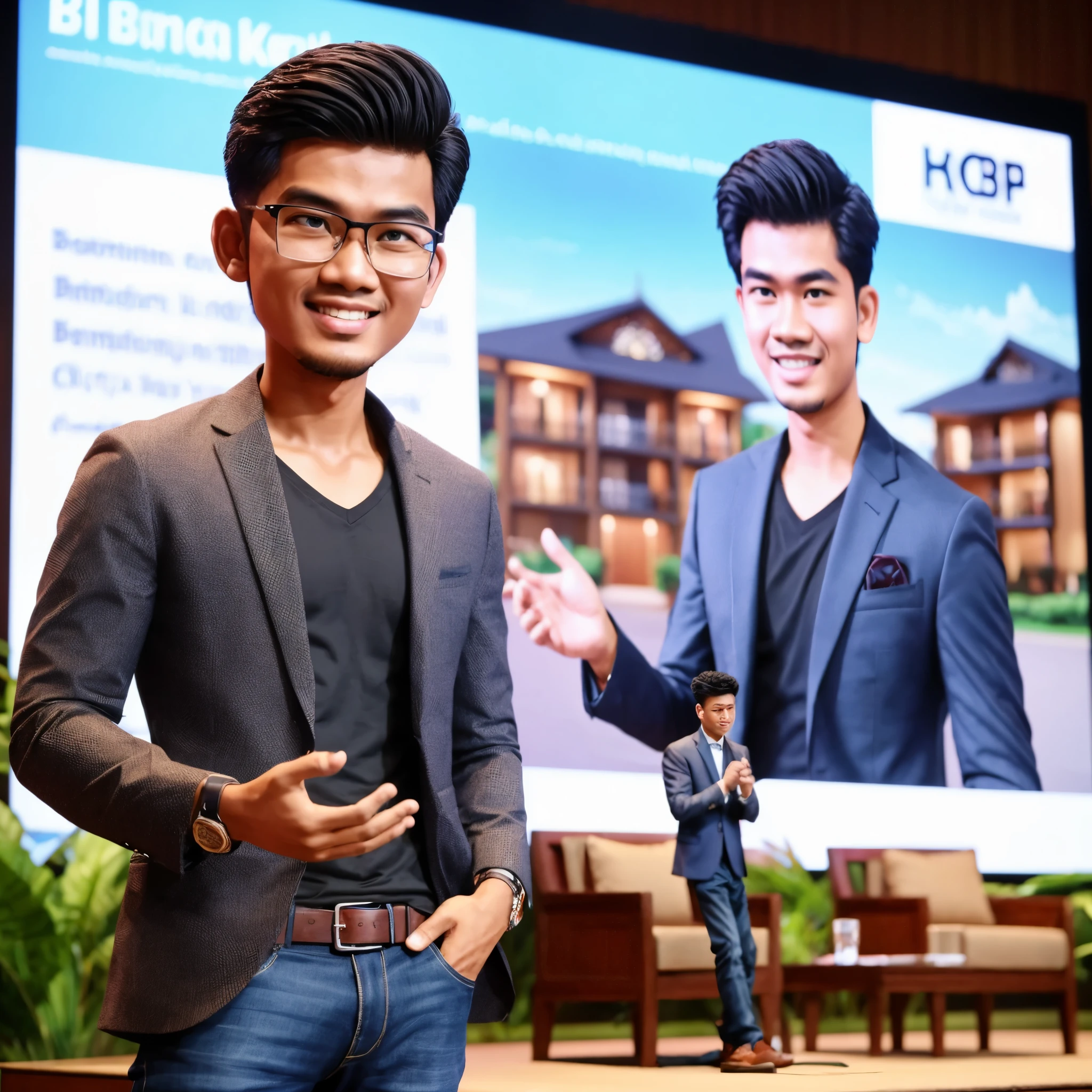 4d caricature, a young Indonesian man being on a presentation stage, wearing a casual blazer, attractive and convincing appearance, as if he were explaining the presentation in front, HKBP RESORT SIDAMANIK
