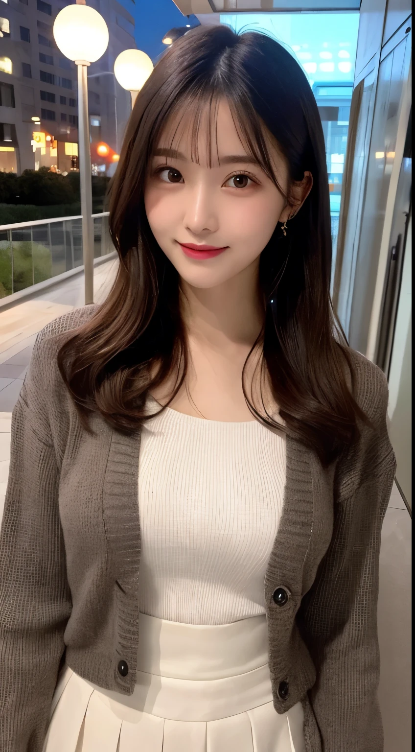table top, highest quality, shape, Super detailed, finely, High resolution, 8k wallpaper, 完璧なダイナミックな構shape, beautiful and detailed eyes, small breasts, natural color lip, random sexy pose,smile,20 year old girl、midnight、Beautiful and dense face、perfect and beautiful face,Big eyes、Raw photo（best image quality）,long sleeve blouse、cardigan、flare skirt、luxury tower apartment、cute face、cute,night mode