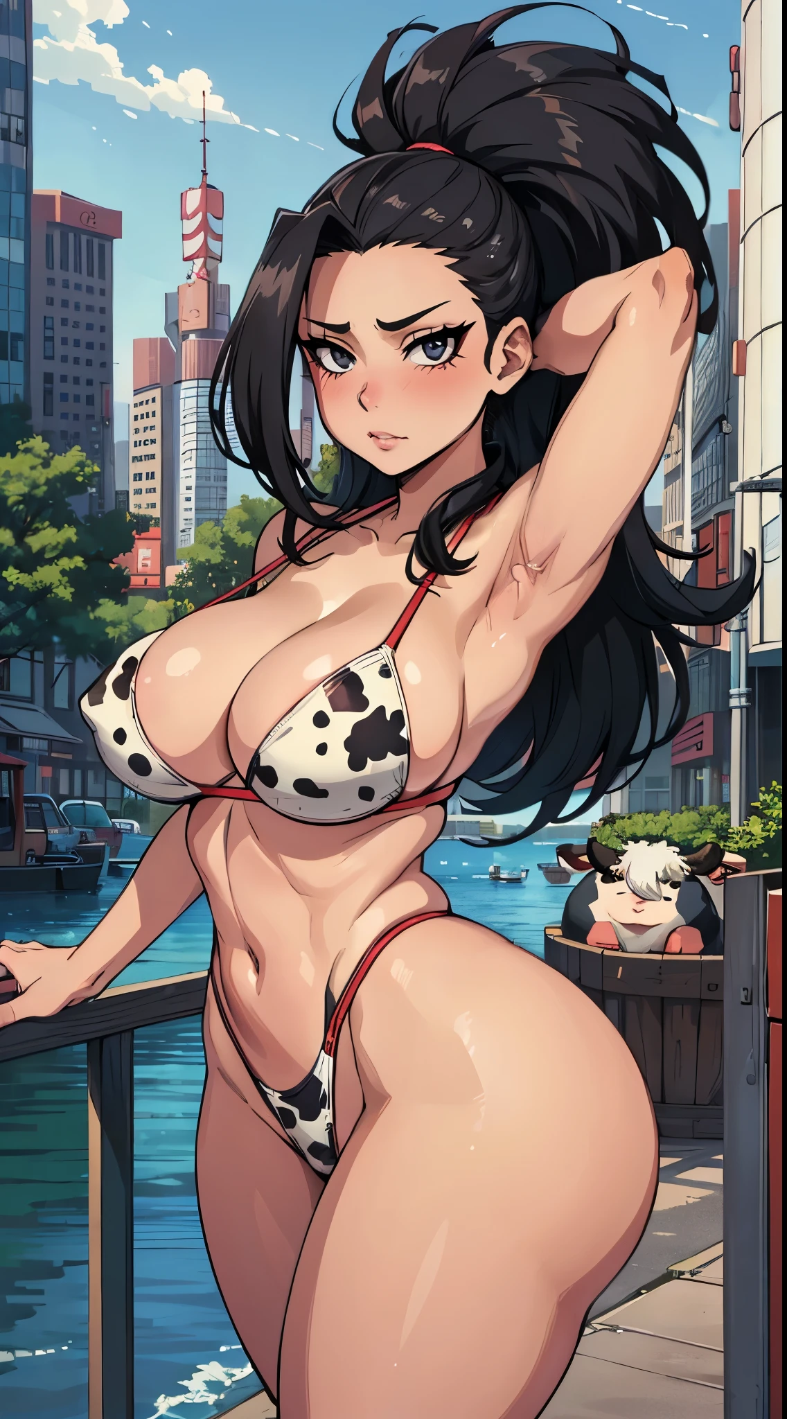 (best quality:1.3), yaoyorozu momo, busty, cleavage, bikini leotard, seductive, sexy, curvy body, big , ((thong bikini cow)), ((city))