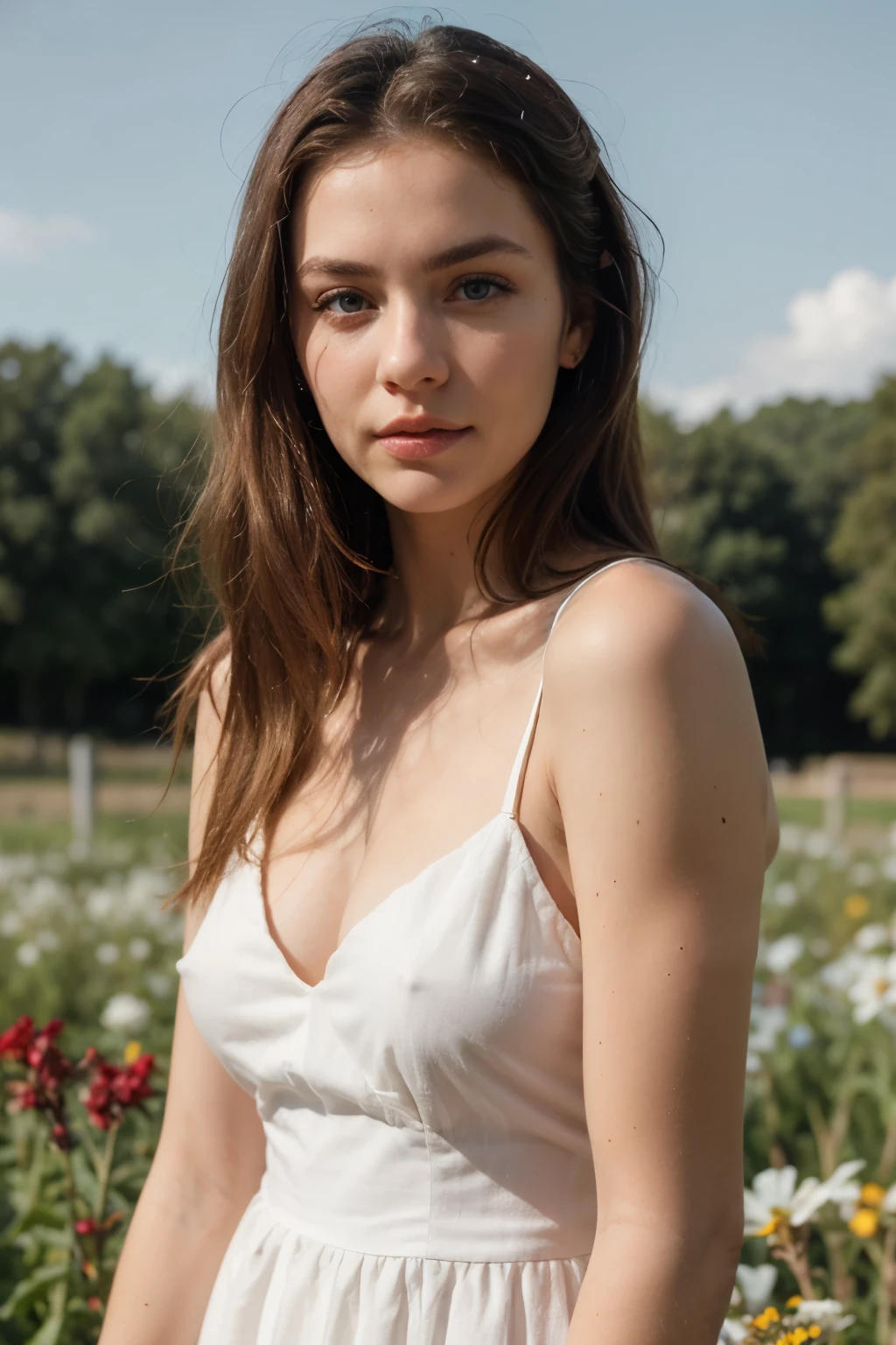 arafed woman fully, with blue eyes, ultra realistic, photorealistic, meticulously detailed, portrait, Instagram model, blonde hair, blue eyes, young woman, flower field, subtle makeup, natural makeup, cute dress, pretty dress,