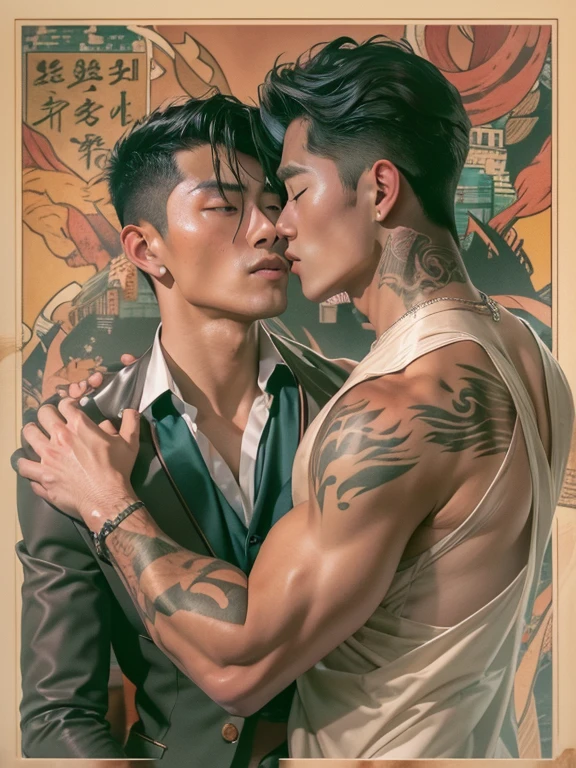 Masterpiece, Best Quality, two men, handsome tanned 25 year old Korean Man dressed as a fancy mafia gangster with tattoos, rugged 25 year old very fair muscled taiwanese man dressed as a poor roadside hawker, hugging each other, kissing while directly looking at each other lovingly, delicate stylish hair, exposed chest, holding hands, breast grab, sharp focus, photorealistic, perfect hands, perfect fingers, perfect faces, full body in frame, zoom out, perfection, creative artistic framing, cinematic movie poster style, hongkong in the 70s setting, soft lighting, romantic atmosphere, gay, homoerotic, big bulge, bubble butt