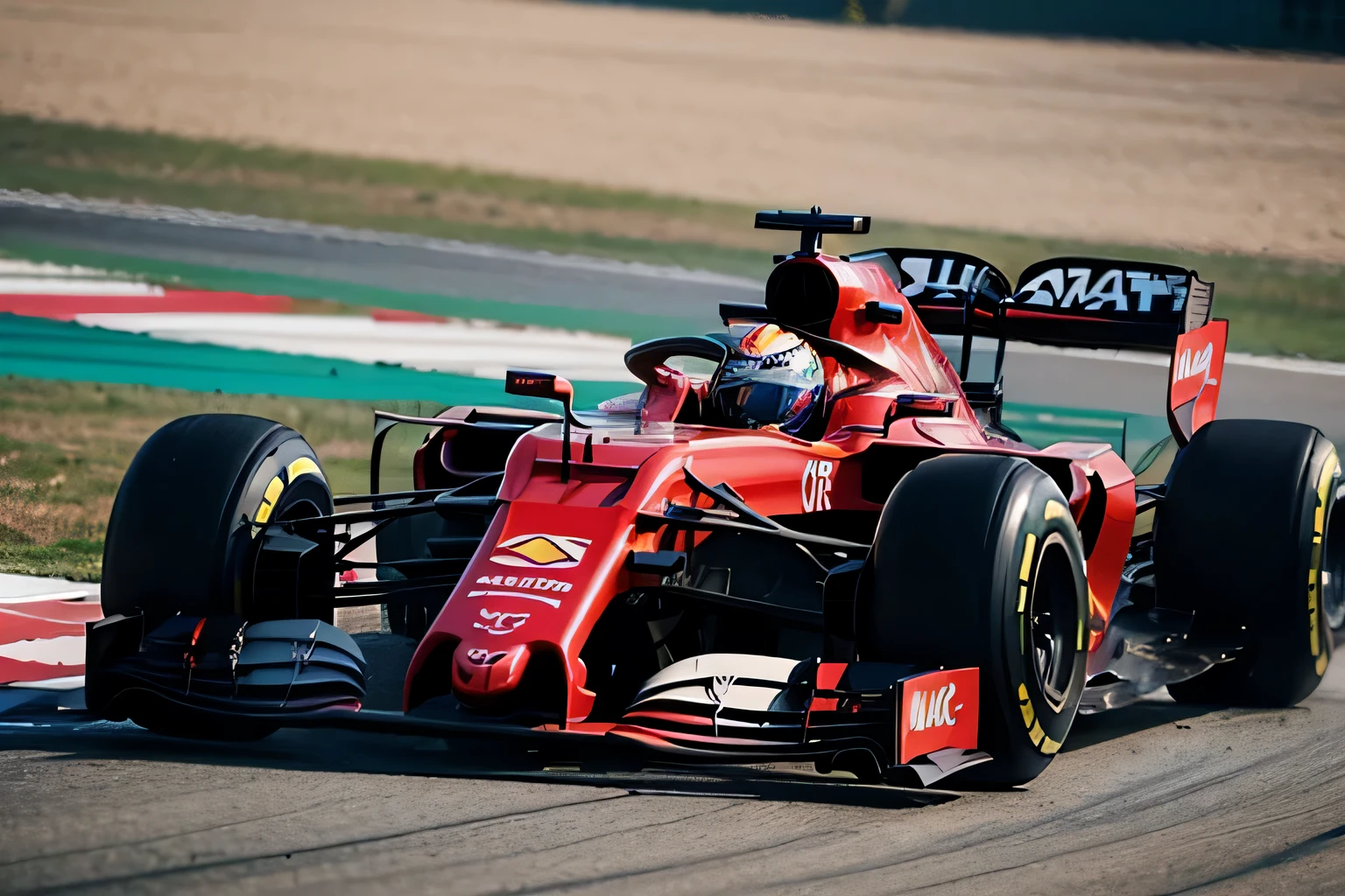 Formula Arafat racing car with red and white flags on the track, f 1/3, f 1/4, f 1, F11:6, F / 1, F11:10, Formula 1, formula one car, f1 racing car blurred in background, f 1 1, F11, f 2 0, Dynamic,Bright metallic color,best quality,masterpiece,(bright colors:1.2)