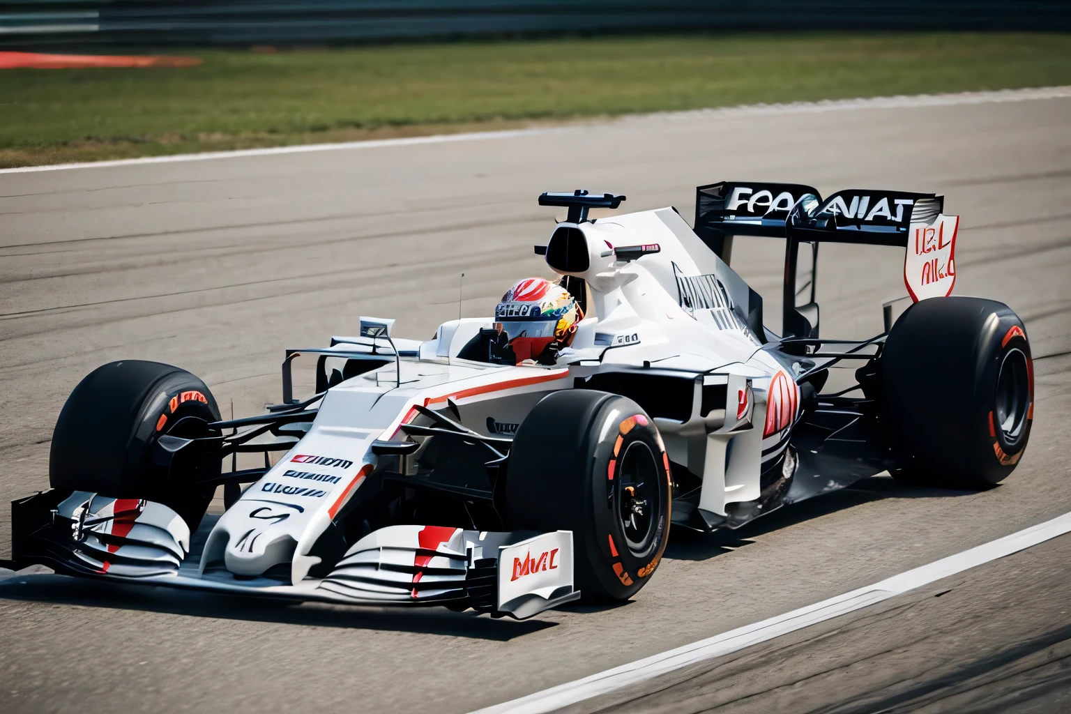 Formula Arafat racing car with red and white flags on the track, f 1/3, f 1/4, f 1, F11:6, F / 1, F11:10, Formula 1, formula one car, f1 racing car blurred in background, f 1 1, F11, f 2 0, Dynamic，Bright metallic color，best quality，masterpiece，（bright colors：1.2）