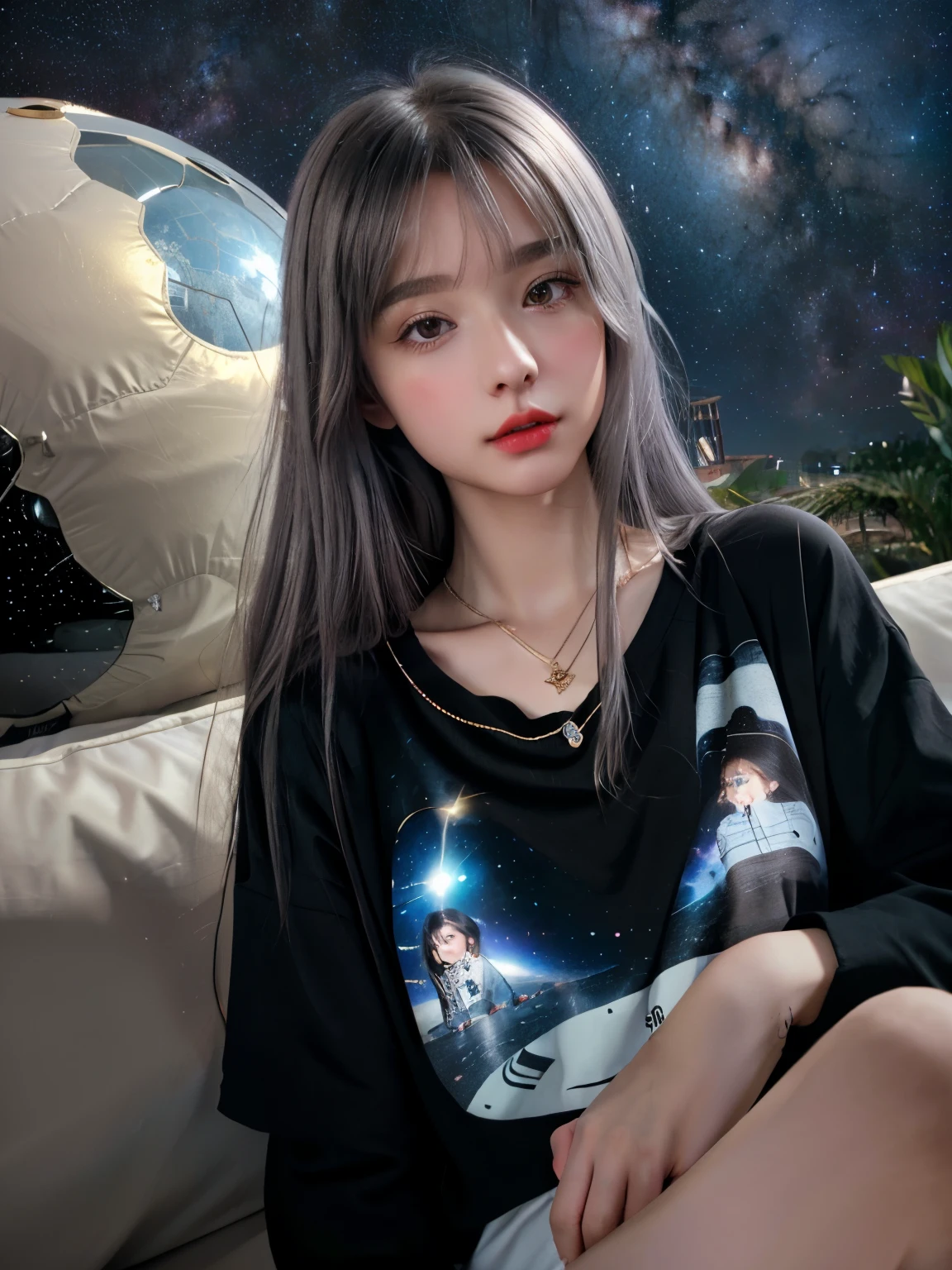 （8ｋ、realistic、Like a photograph）、sleepy cute french girl、silver hair、long hair、black t-shirt、Golden Necklace、future world、spaceship、milky way、night、thin legs、spacewalk,red lips
