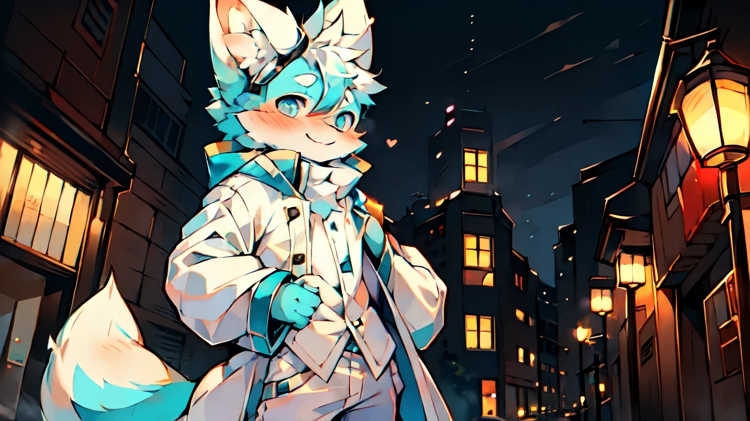 A male white fox with cyan eyes, big ears and fluffy tail, looking at the camera with a flirty look, blushing, wears a white coat and white pants, standing in a japanese city at night.