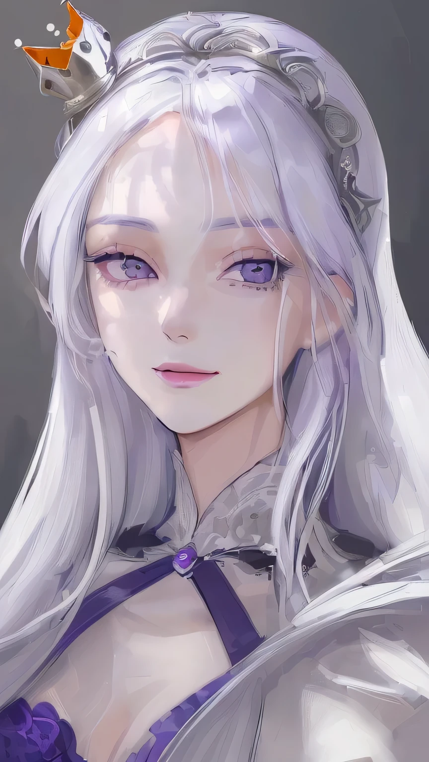 (masterpiece:1.2, best quality), (real picture, intricate details), 1lady, Painting on canvas, beauty 1 woman, long hair, perfect face, white hair, lavender-colored eyes, beautiful face, fair skin, slight smile, away from the viewer, enjoying the atmosphere. Wearing a crown and royal gown.