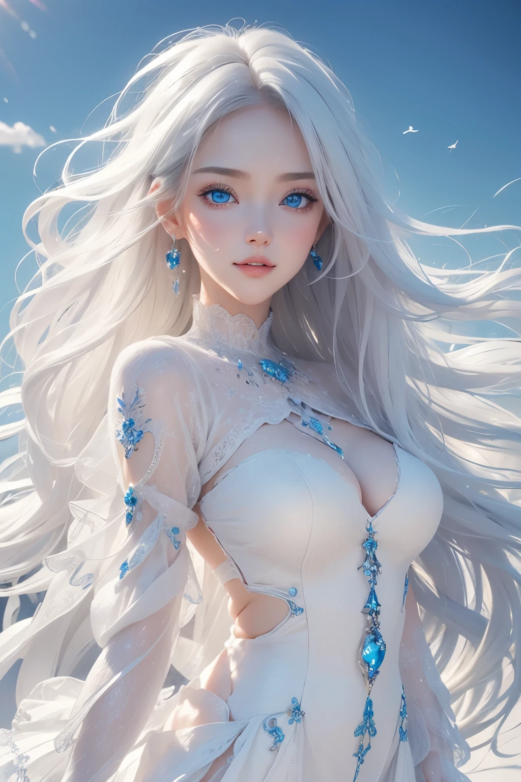 best quality, 8k, RAW photo, incredibly absurdres, extremely detailed, beautiful white woman, -face makeup, excited look, wearing ivory fluffy long-pile knit long dress, slender, perfect proportions, white straight hair, (wind, wind-effect), blue eyes, background variety of visual styles that combine various artistic elements like a sparkling iridescent rainbow