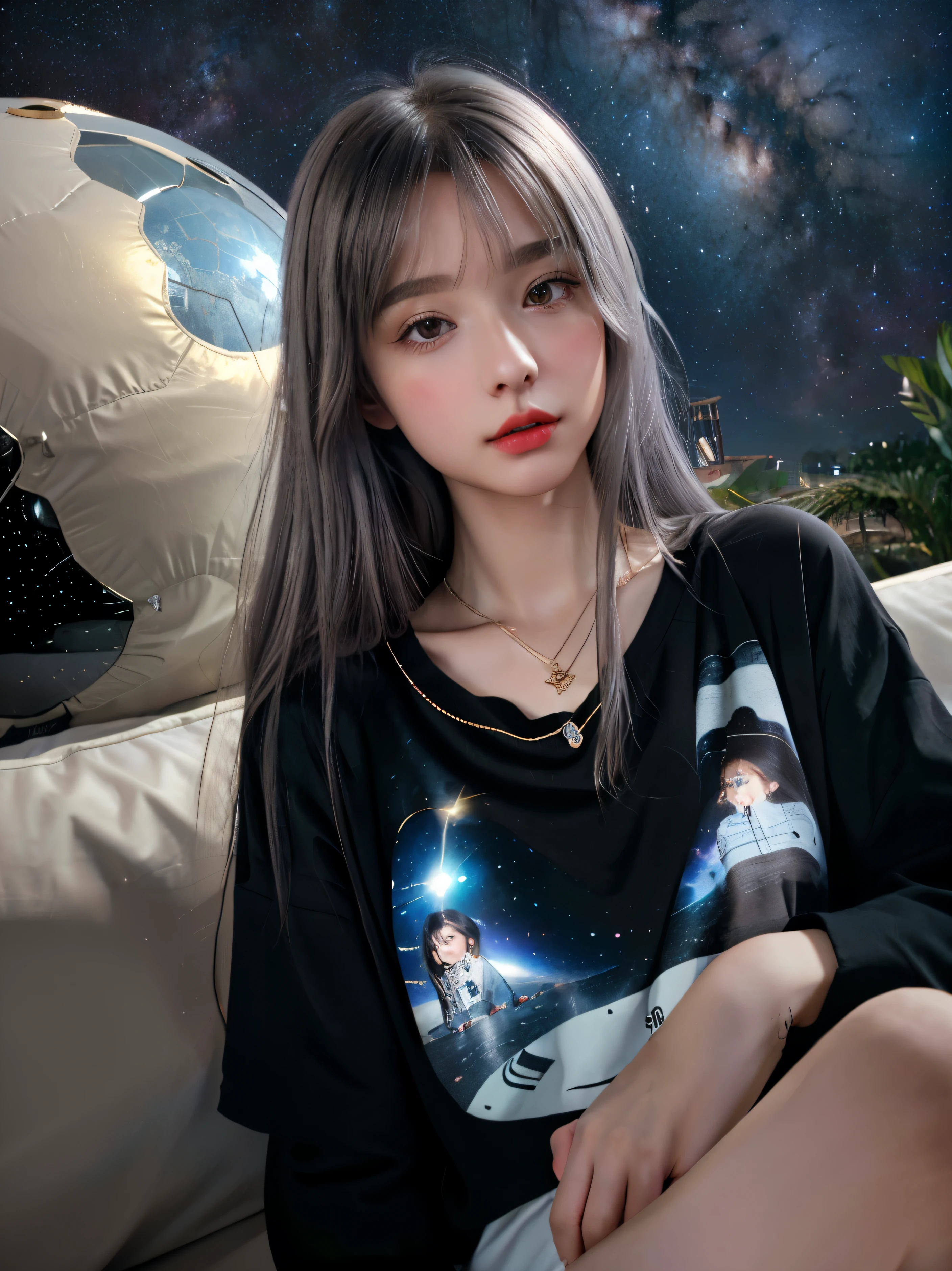 (8k、realistic、Like a photograph)、sleepy cute french girl、silver hair、long hair、black t-shirt、Golden Necklace、future world、spaceship、milky way、night、thin legs、spacewalk,red lips