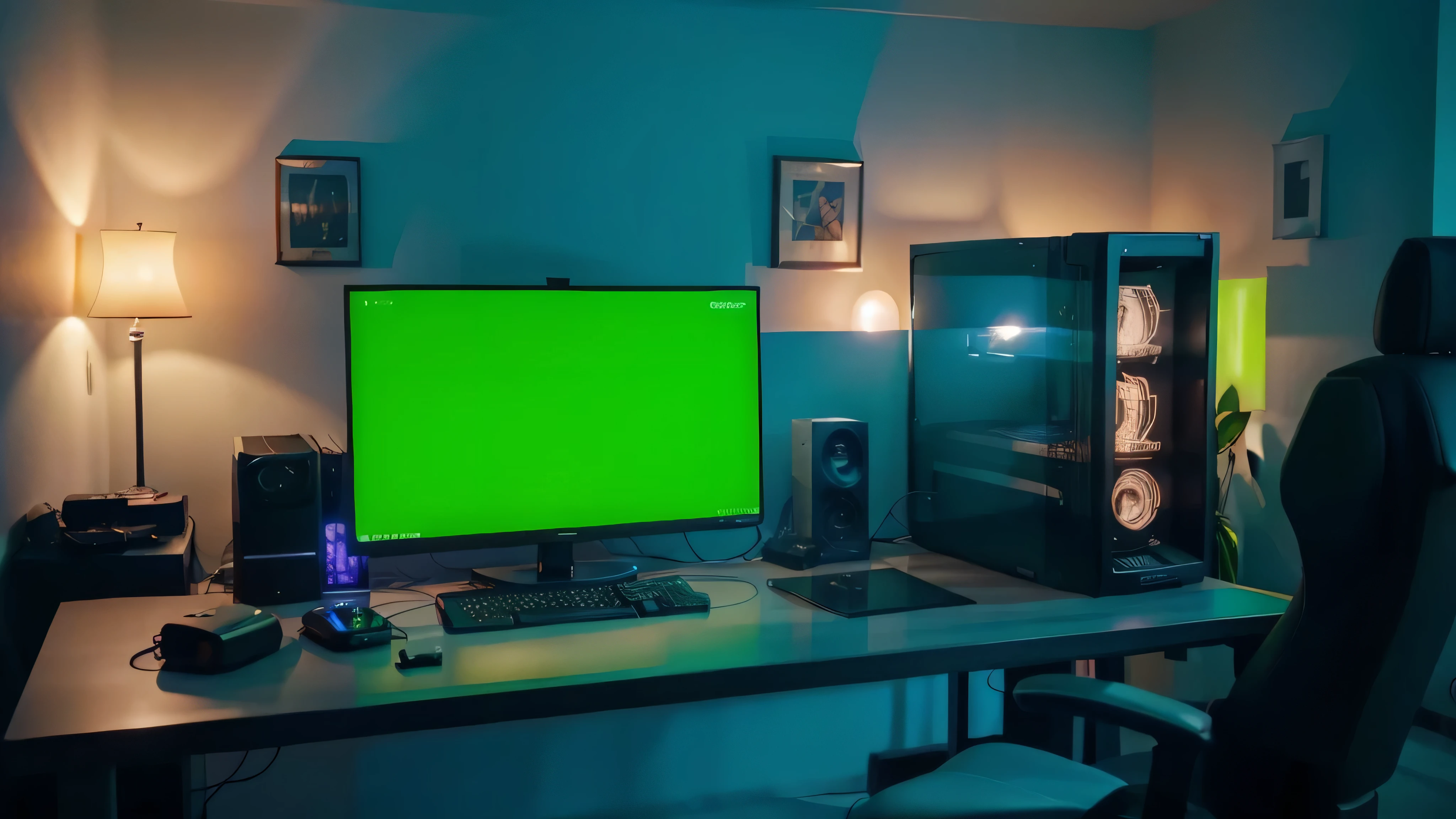 there is a computer with a green screen on a table, computadores para jogos, 8k computer rendering, luz ambiente verde, PC para jogos, jogos para PC, tela do jogador na mesa de metal, tela de computador colorida, Cena ciberpunk, aumentado para 4K, ampliado para 4k, soft lighting 8k resolution, soft lighting 8k resolution