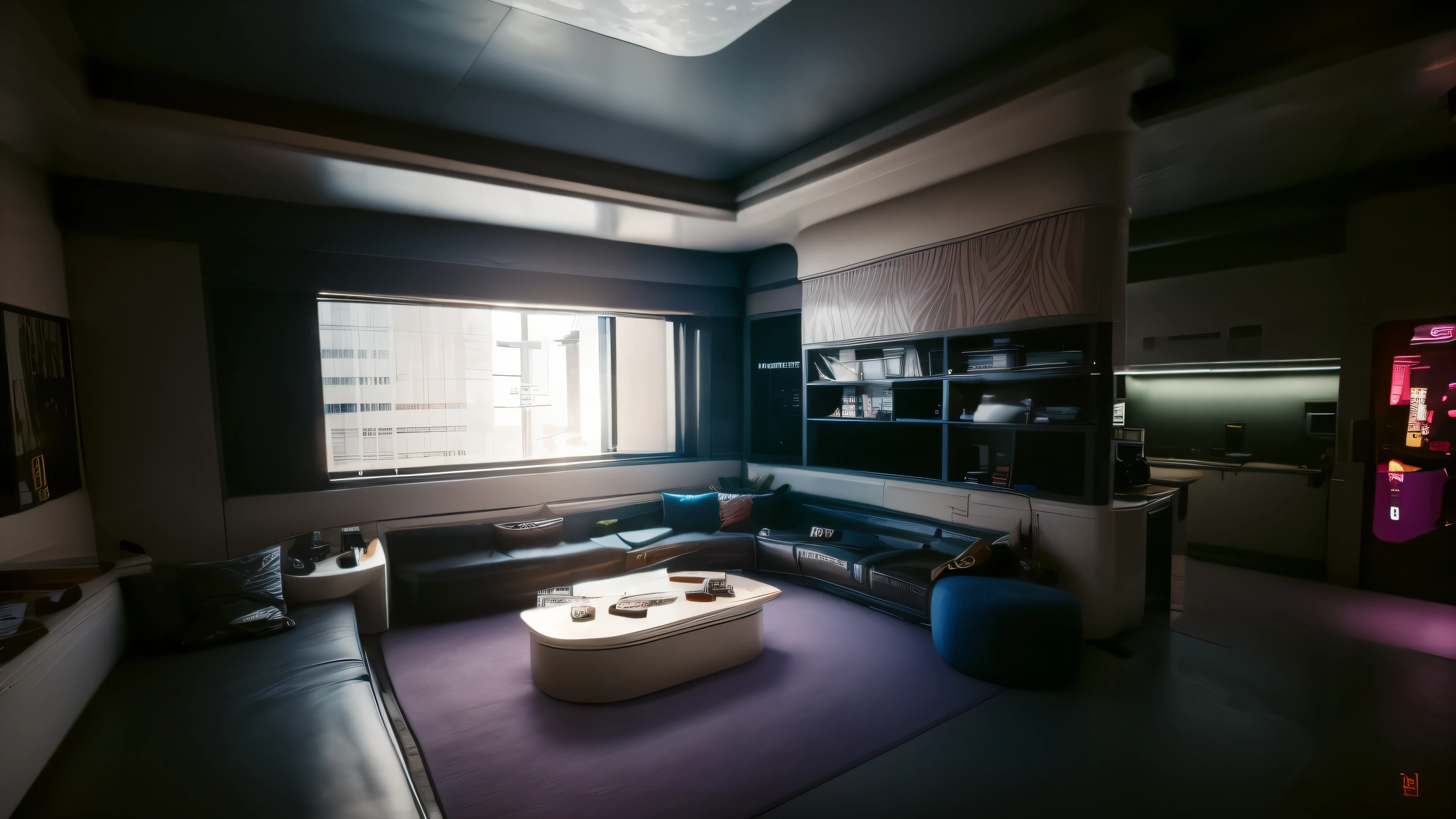 "Uma sala de estar moderna e futurista com uma TV com design elegante, Comfortable sofa, e uma mesa elegante. The room features floor-to-ceiling windows offering stunning views of the bustling cityscape at night.., criando uma atmosfera cyberpunk hipnotizante."