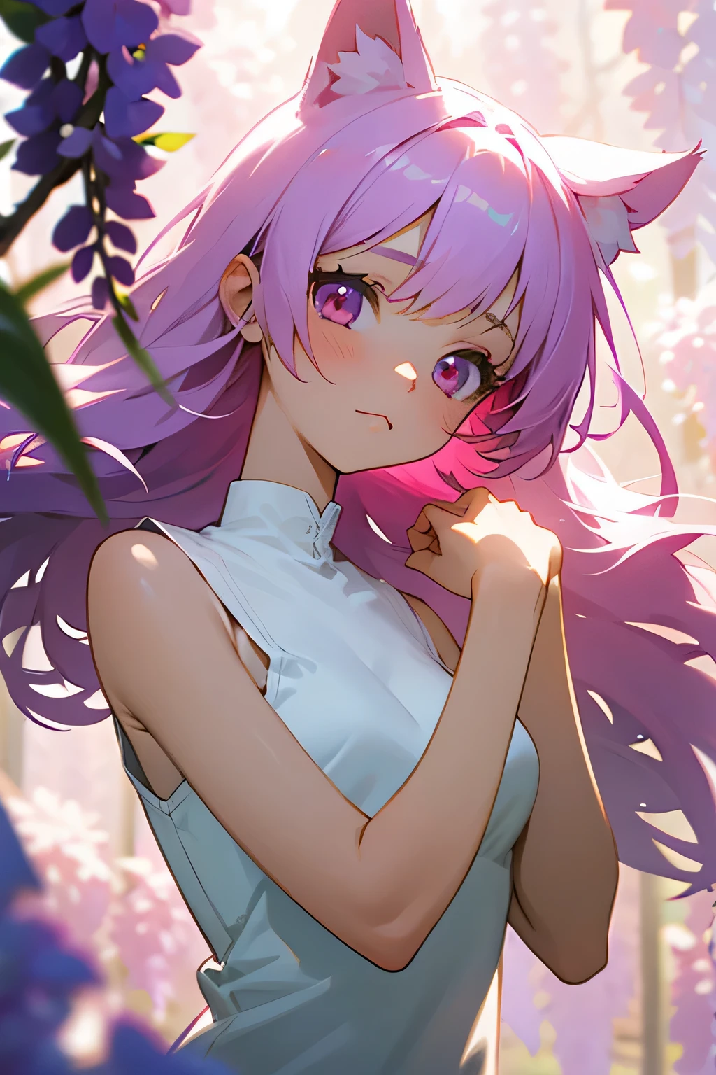 1 girl, alone, Cute girl with pink hair, pink eyes, Wisteria flower background, soft natural light, cat ears, sleeveless white shirt