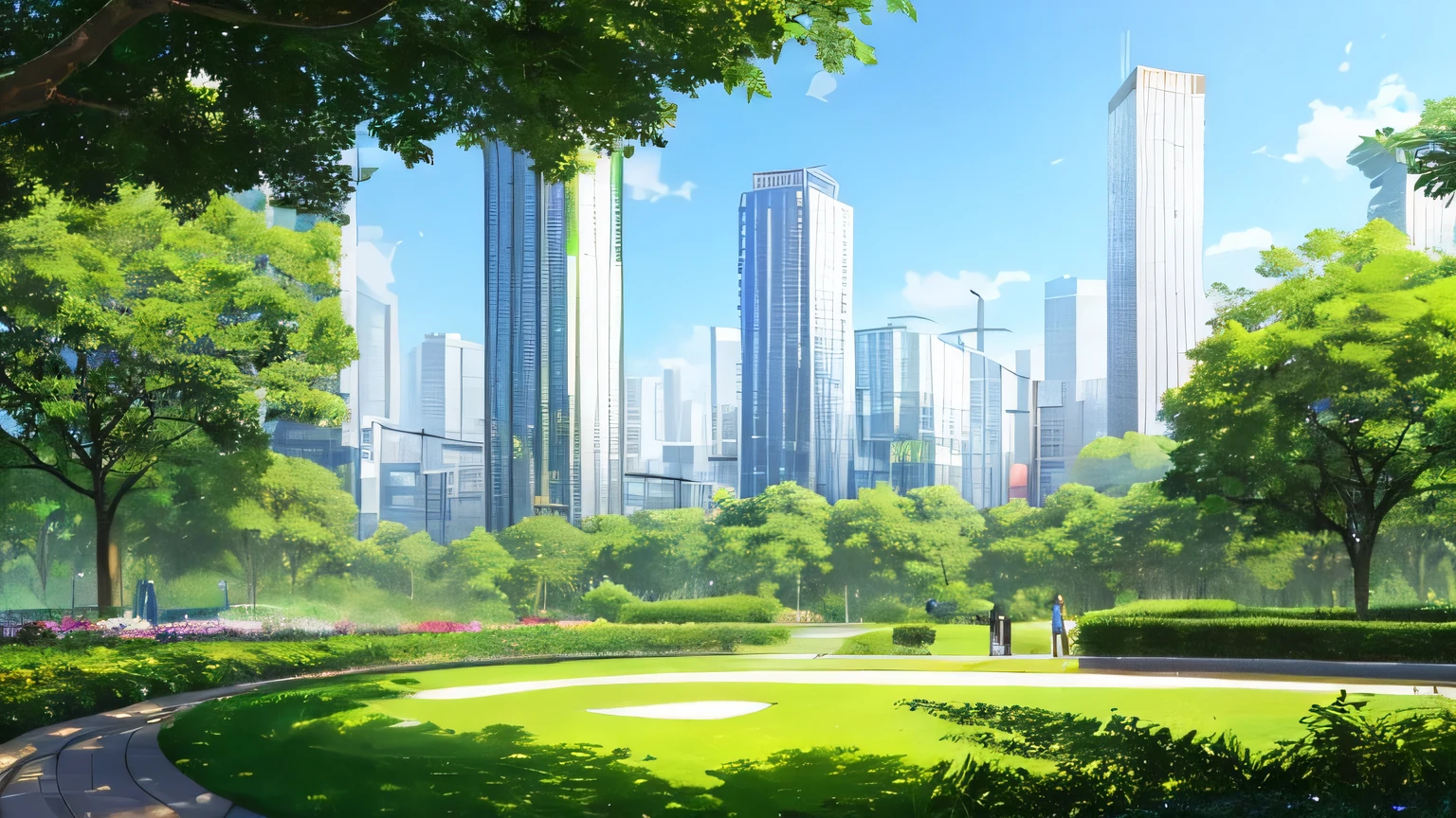 Masterpiece, top quality, 16K UHD,
green cityscape,
lush vegetation, gardens, trees,
sunlight filtering through leaves,
clear blue sky,
multi-story buildings, modern architecture,
people walking on streets wearing colorful clothes,
birds flying overhead,
sustainable energy sources, solar panels, wind turbines,
clean and vibrant, a stunning work of art
Or
Masterpiece, high resolution, 4K,
green metropolis,
eco-friendly city,
well-maintained parks,
trees lining the streets,
glass and steel buildings with modern designs,
