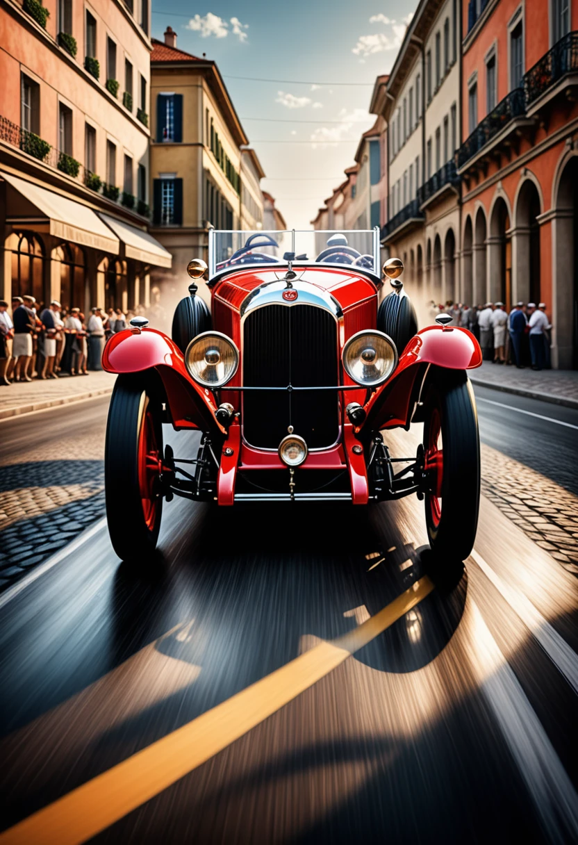 A vintage racing car speeding through the streets, with a touch of nostalgia and a hint of danger. The car is beautifully detailed, with glossy chrome accents and roaring engine exhaust pipes. The antique design of the car brings a sense of elegance and class, transporting us back to the 1920s.
The car's body is painted in a deep, rich color, exuding a sense of power and sophistication. The vibrant red, combined with the gleaming metallic finishes, creates a captivating visual impact. As the car races by, the vibrant colors leave a trail in its wake, adding a touch of dynamic motion to the scene.
The setting is a bustling city street, lined with spectators, eagerly watching the thrilling race. The buildings are tall and imposing, showcasing the architectural style of the 1920s. The streets are paved with cobblestones, adding a nostalgic charm to the surroundings.
The lighting is dramatic, highlighting the car as it speeds through the city. The sunlight casts long, dramatic shadows on the street, adding depth and dimension to the scene. The splashes of light accentuate the car's curves and contours, enhancing its beauty and creating a sense of excitement.
The atmosphere is filled with the scent of burning rubber and the roar of the engine. The excitement and adrenaline of the race can be felt in the air, as the spectators cheer on their favorite drivers. The scene is alive with energy and anticipation, capturing the thrill of the moment.
Overall, the artwork aims to capture the essence of vintage racing cars in the 1920s. It combines elements of speed, elegance, and nostalgia to create a visually stunning and dynamic scene. The high-quality details and realistic rendering bring the artwork to life, making it a masterpiece worth appreciating. The color palette is vibrant and captivating, enhancing the overall impact of the image.