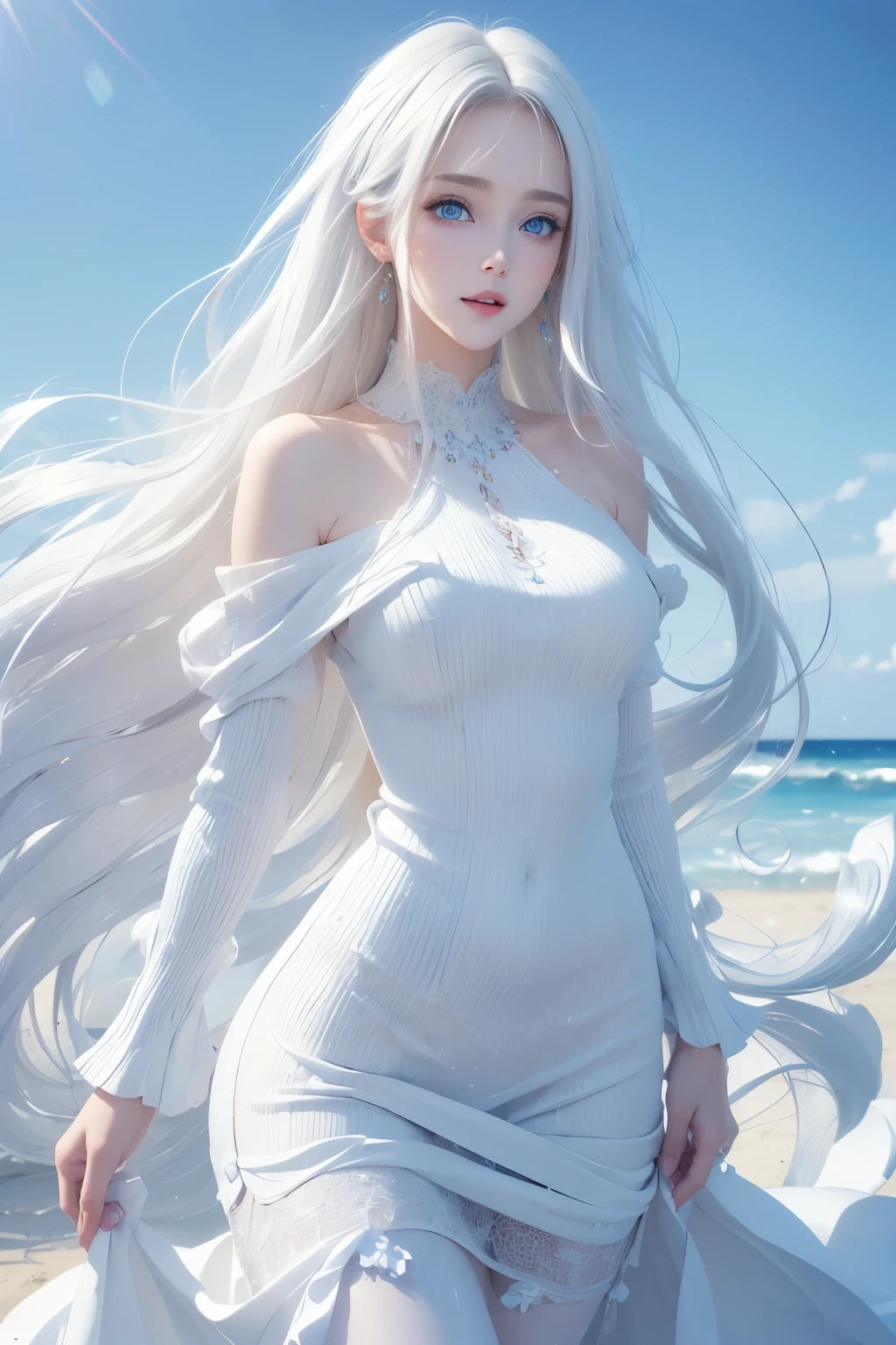 best quality, 8k, RAW photo, incredibly absurdres, extremely detailed, beautiful white woman, baby-faced, no makeup, excited look, wearing ivory fluffy long-pile knit long dress, slender, perfect proportions, white straight hair, (wind, wind-effect), blue eyes, background variety of visual styles that combine various artistic elements like a sparkling iridescent rainbow