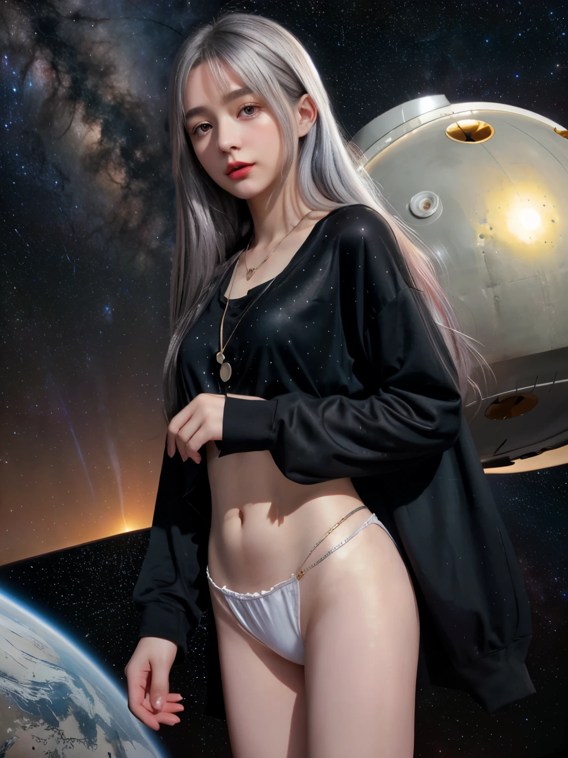 (8k、realistic、Like a photograph)、sleepy cute french girl、silver hair、long hair、black t-shirt、Golden Necklace、future world、spaceship、milky way、night、thin legs、spacewalk,red lips