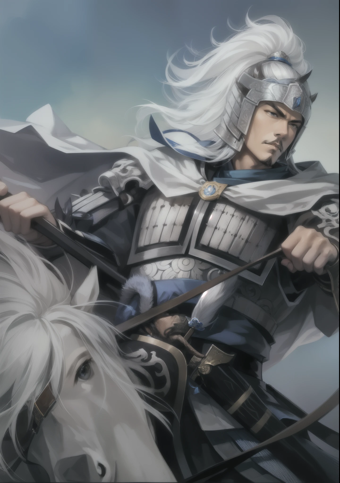 one riding a horse、Arafad image of man holding sword, zhao yun, dynasty warriors, Inspired by Fan Kuan, by Li Zai, shirow masamune, feng shu, author：Yang Jie, pan ren wei, Yizong Silver Fox, author：Fan Qi, inspired by Wuzhun Shifan, Yang Qi, Inspired by Li Rongjin