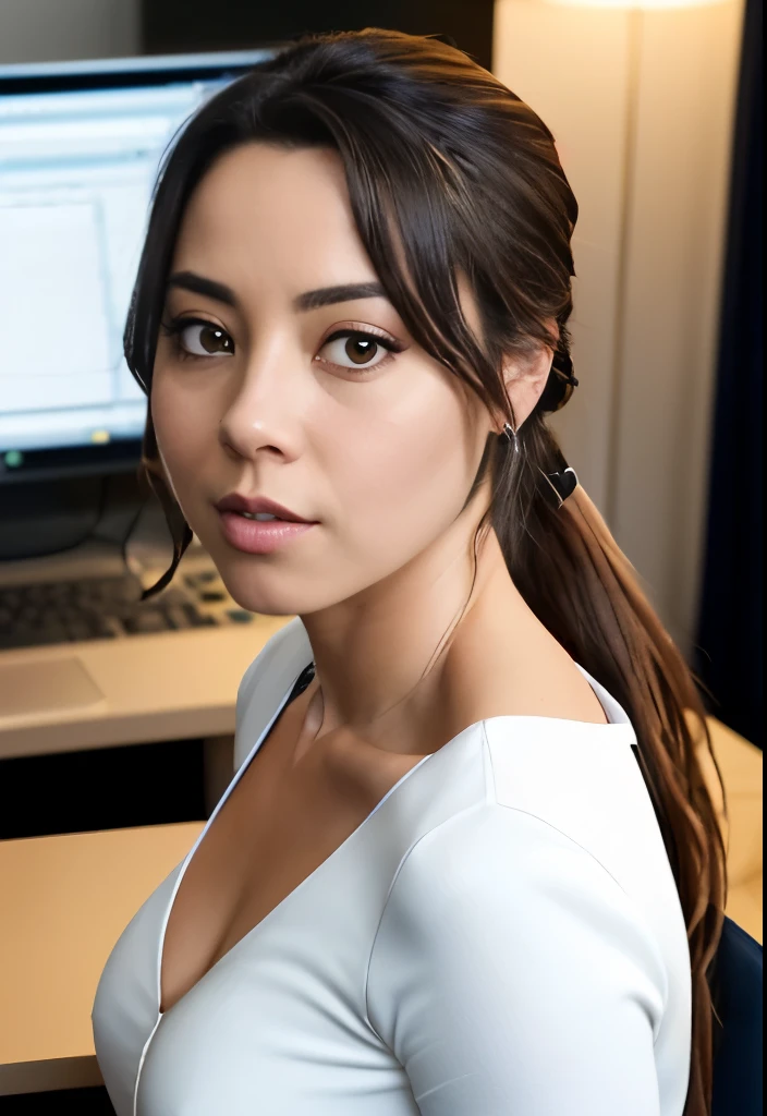 masterpiece, lifelike upper body image of AubreyPlaza, ((wearing a tight white blouse)), photo realistic, resting bitch face, frowning, highly detailed, detailed face, ((ponytail)), windswept, dramatic lighting, perfect eyes, sitting behind a desk as a Secretary