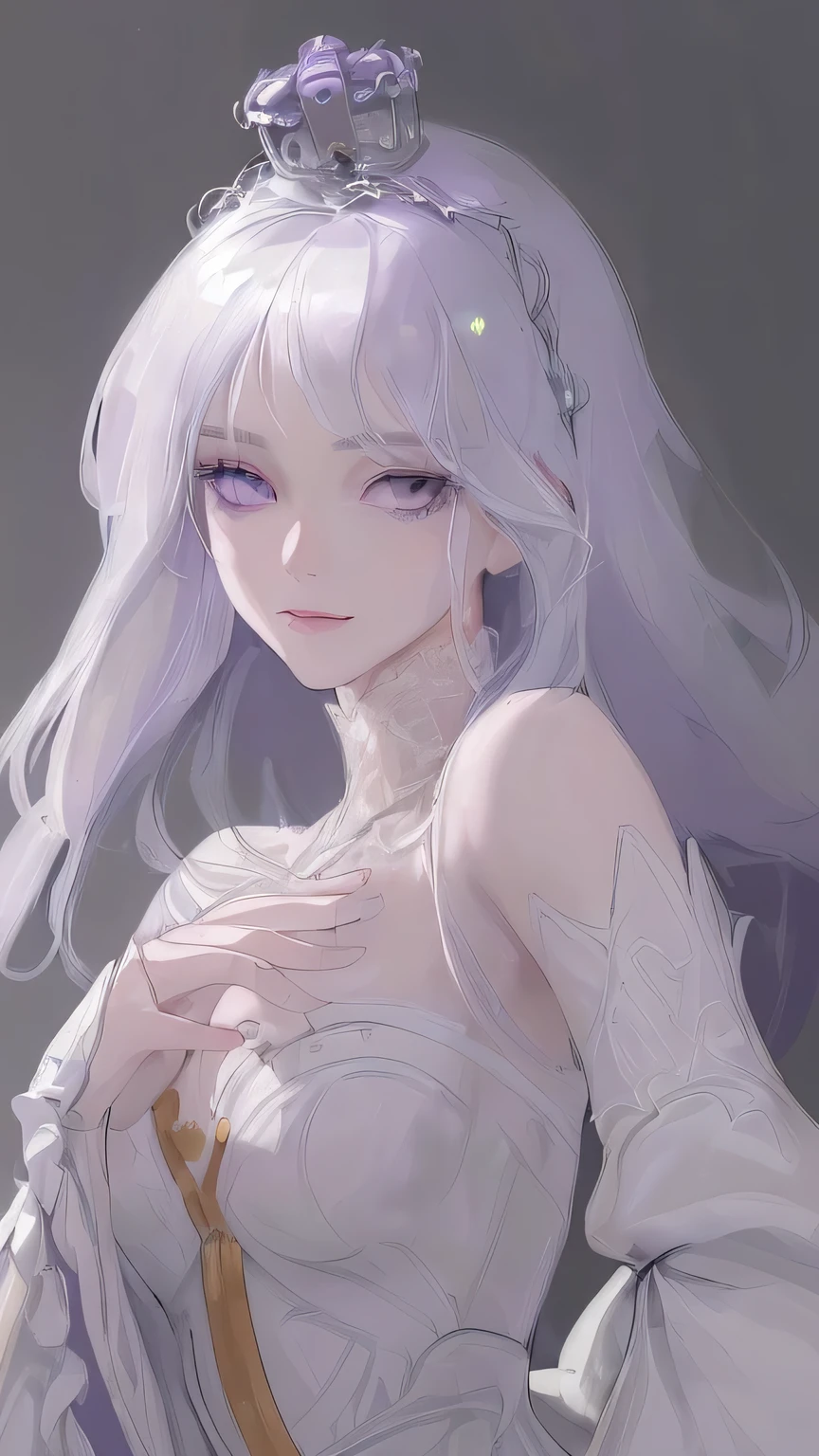 (masterpiece:1.2, best quality), (real picture, intricate details), 1lady, Painting on canvas, beauty 1 woman, medium length hair, perfect face, white hair, lavender-colored eyes, beautiful face, fair skin, slight smile, away from the viewer, enjoying the atmosphere. Wearing a crown and royal gown. Charisma..