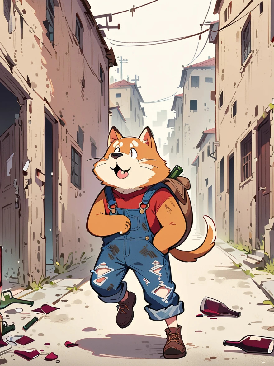 cartoon illustration，simple，depict an anthropomorphic dog，Dirty，eyes dull，Listless，Malaise，decadent，exaggerated expression，Loose ripped denim ripped overalls overalls，red top，Tattered leather shoes，Carrying a big bag behind him，walking in abandoned streets，Many broken wine bottles around，Dirty environment，correct human anatomy