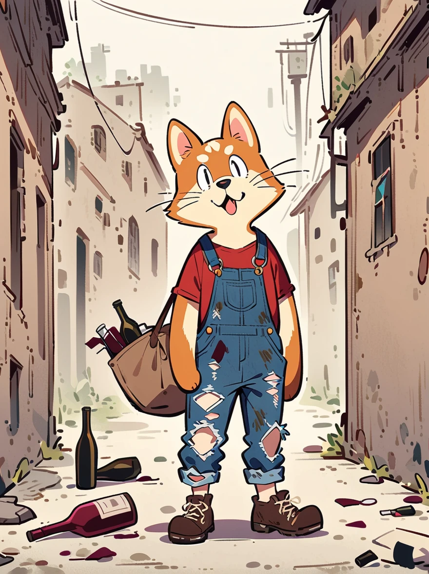 cartoon illustration，simple，depict an anthropomorphic dog，Dirty，eyes dull，Listless，Malaise，decadent，exaggerated expression，Loose ripped denim ripped overalls overalls，red top，Tattered leather shoes，Carrying a big bag behind him，walking in abandoned streets，Many broken wine bottles around，Dirty environment，correct human anatomy