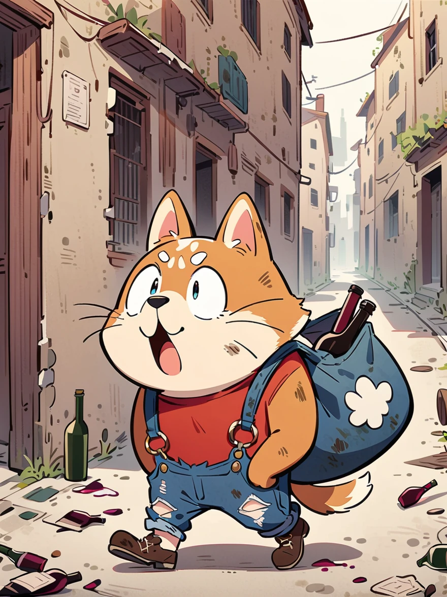 cartoon illustration，simple，depict an anthropomorphic dog，Dirty，eyes dull，Listless，Malaise，decadent，exaggerated expression，Loose ripped denim ripped overalls overalls，red top，Tattered leather shoes，Carrying a big bag behind him，walking in abandoned streets，Many broken wine bottles around，Dirty environment，correct human anatomy