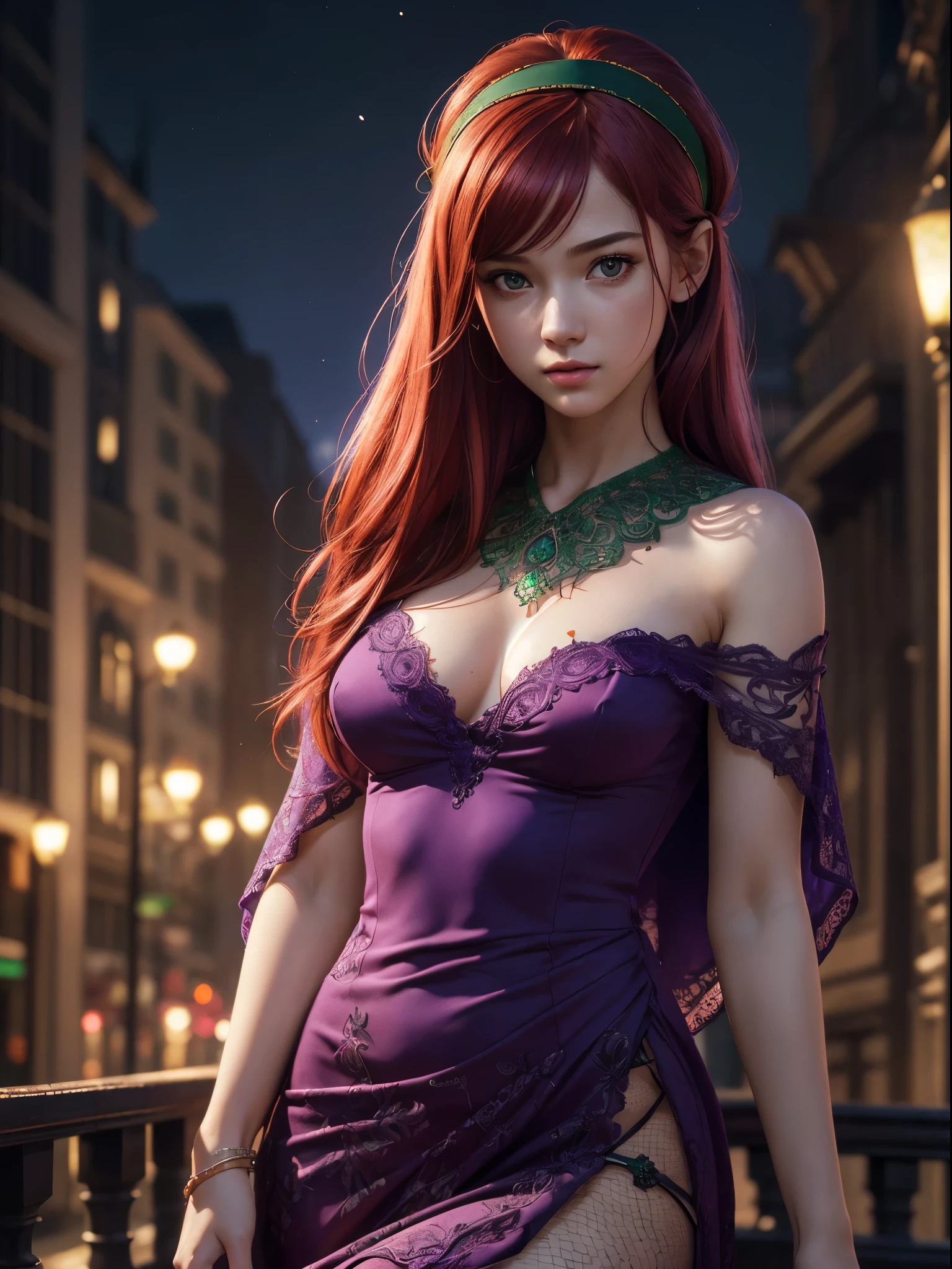 (realistic:1.3), insane detailed, quality, (masterpiece:1.2), (photorealistic:1.2), (best quality), (detailed skin:1.3), (intricate details), ray tracing, ((half body)), (((1girl))), (((1 person))), Daphne, 20 years old, red hair, small breast, purple tight dress, green shawl, hair band, (night background)