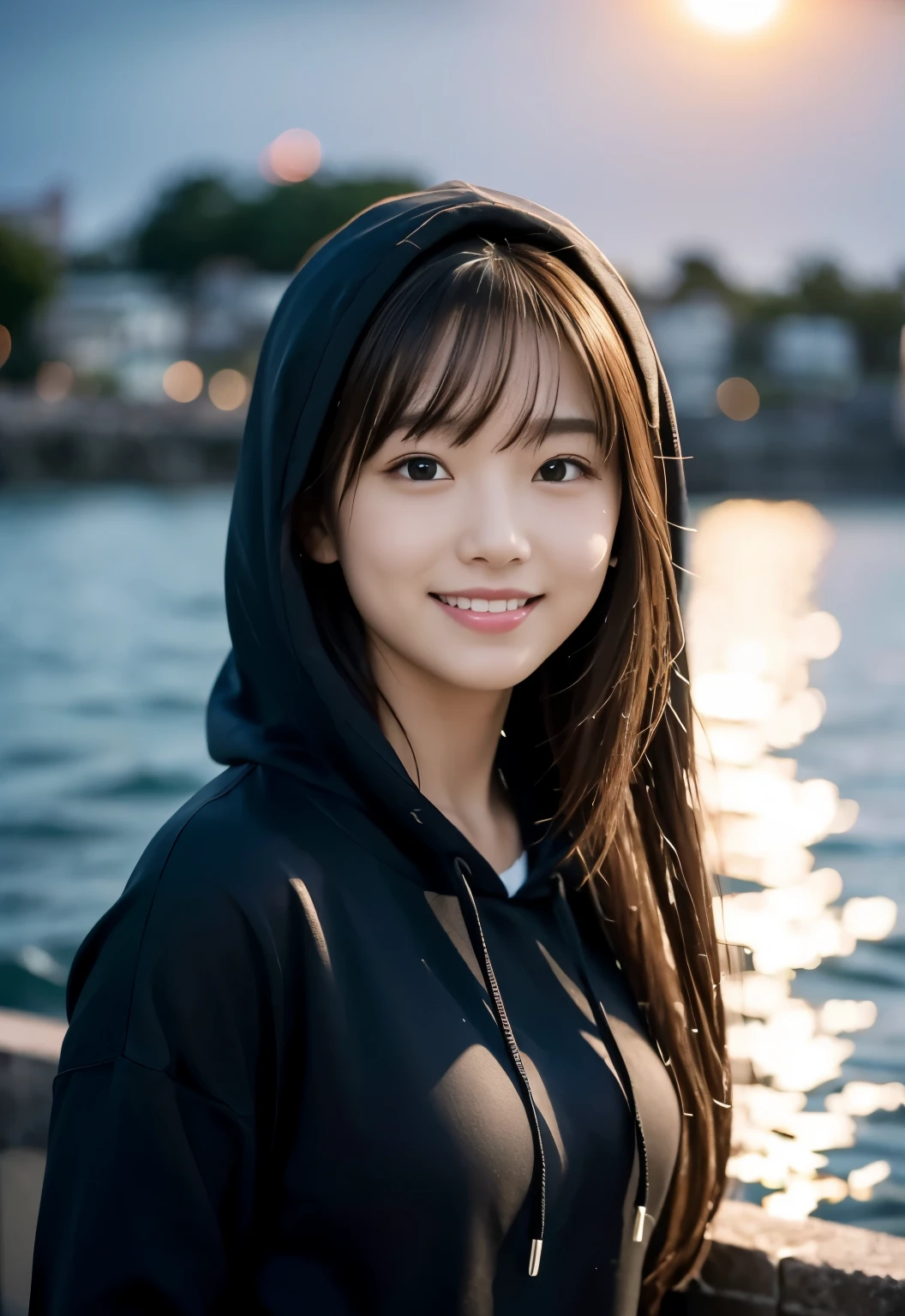 (((evening sea:1.3, outdoor, Photographed from the front))), ((long hair:1.3, black hoodie,japanese woman,Smile, cute)), (clean, natural makeup), (highest quality, masterpiece:1.3, 超High resolution), (Super detailed, caustics), (realistic:1.4, RAW shooting), very detailed, High resolution, 16K resolution