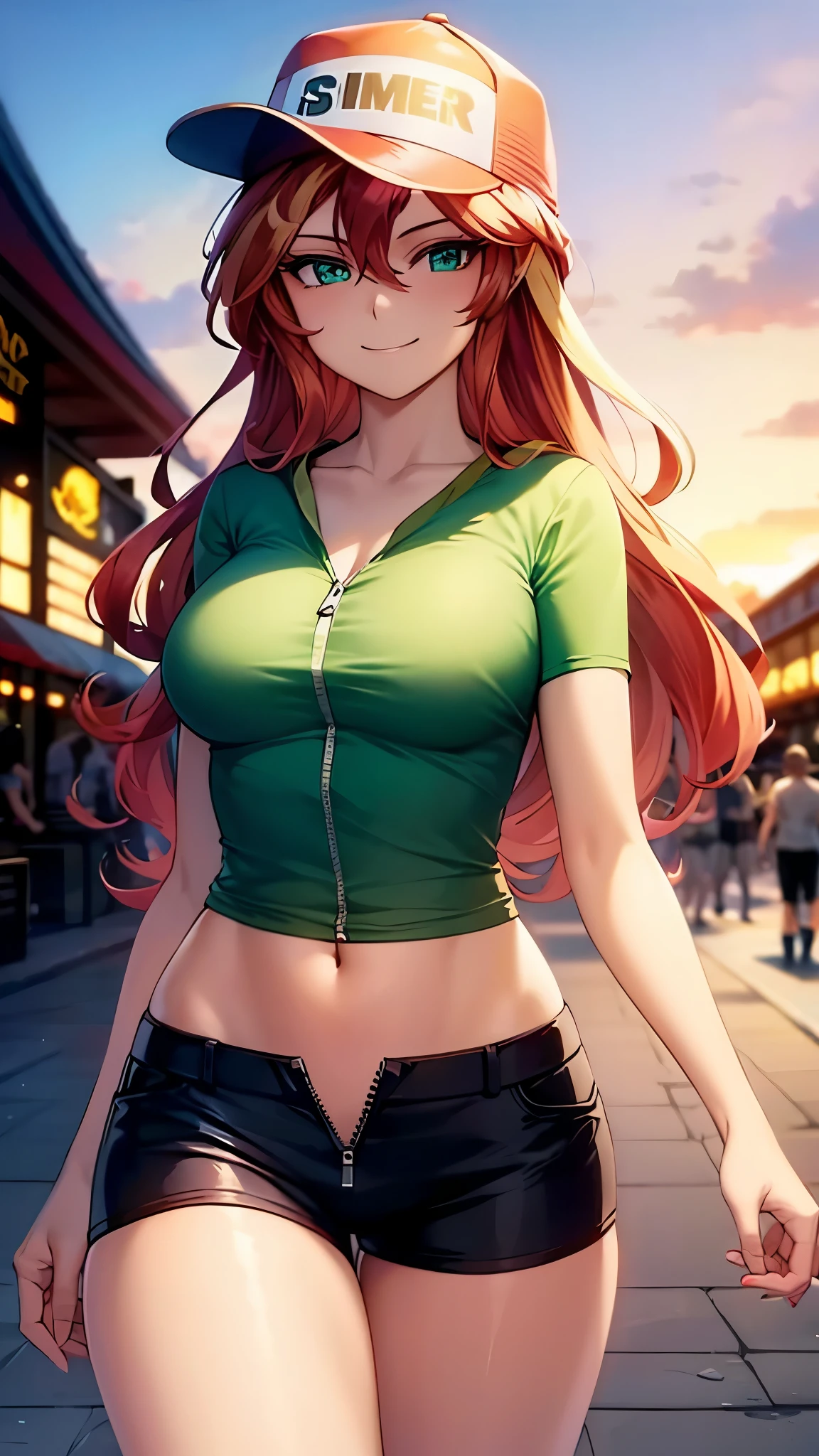 Sunset shimmer, medium breasts, unzipped shorts, loose green shirt, smiling, sunglasses, hat, walking through a shopping mall