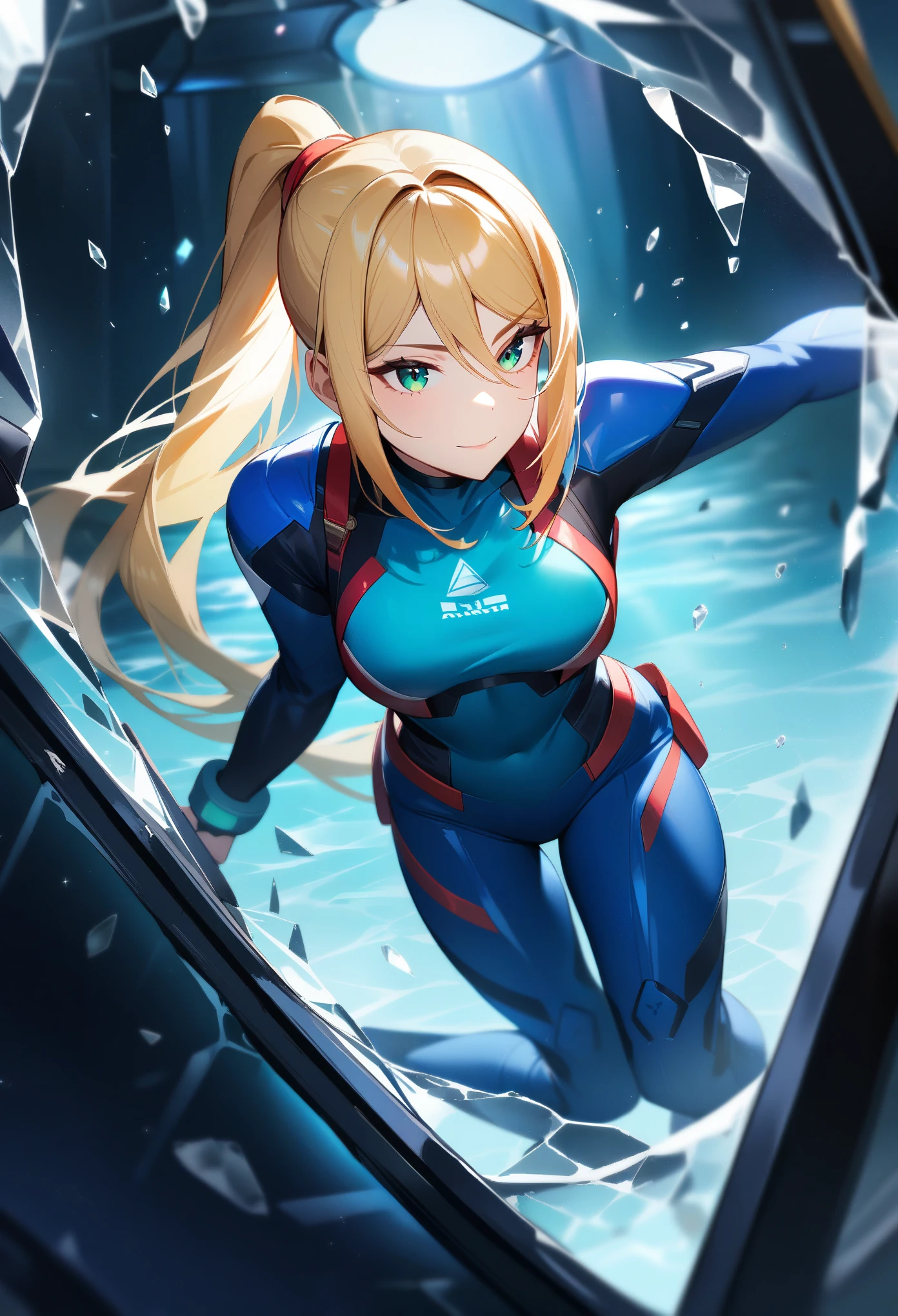 1girl,Samus aran,solo,green eyes,blonde hair,blue body suit,ponytail, in UNDERSEA glass TUNNEL,broken glass wall,light smile,Science fiction,ultra-detailed,sharp focus,aesthetic,(best quality)
