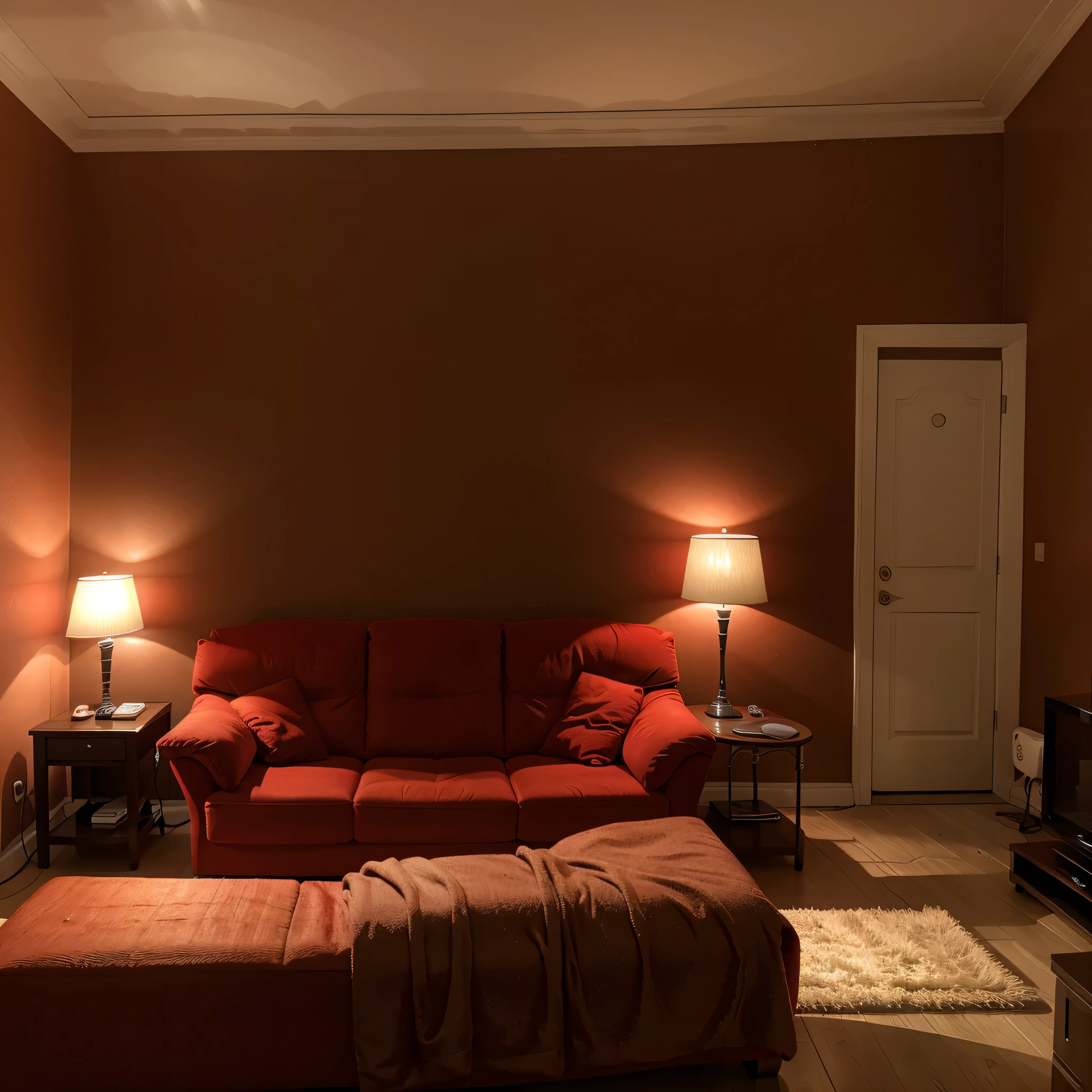 Salon d'appartement, red sofa, Spacieux, confortable, twilight, Ambiance chaleureuse, Flat screen TV