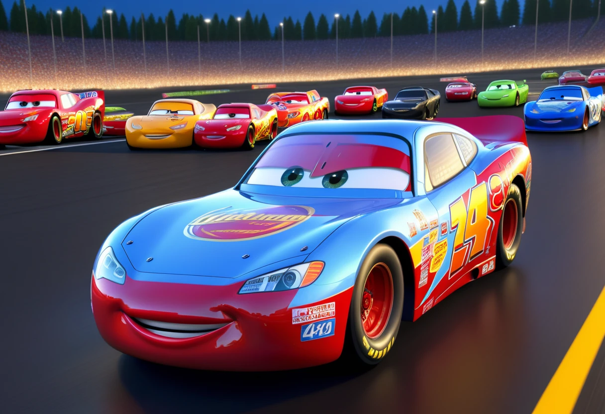 Racing car, Lightning McQueen,  cars2, real life, motion blur, fast, detailed, ((ultra realistic)), HDR< fantasy